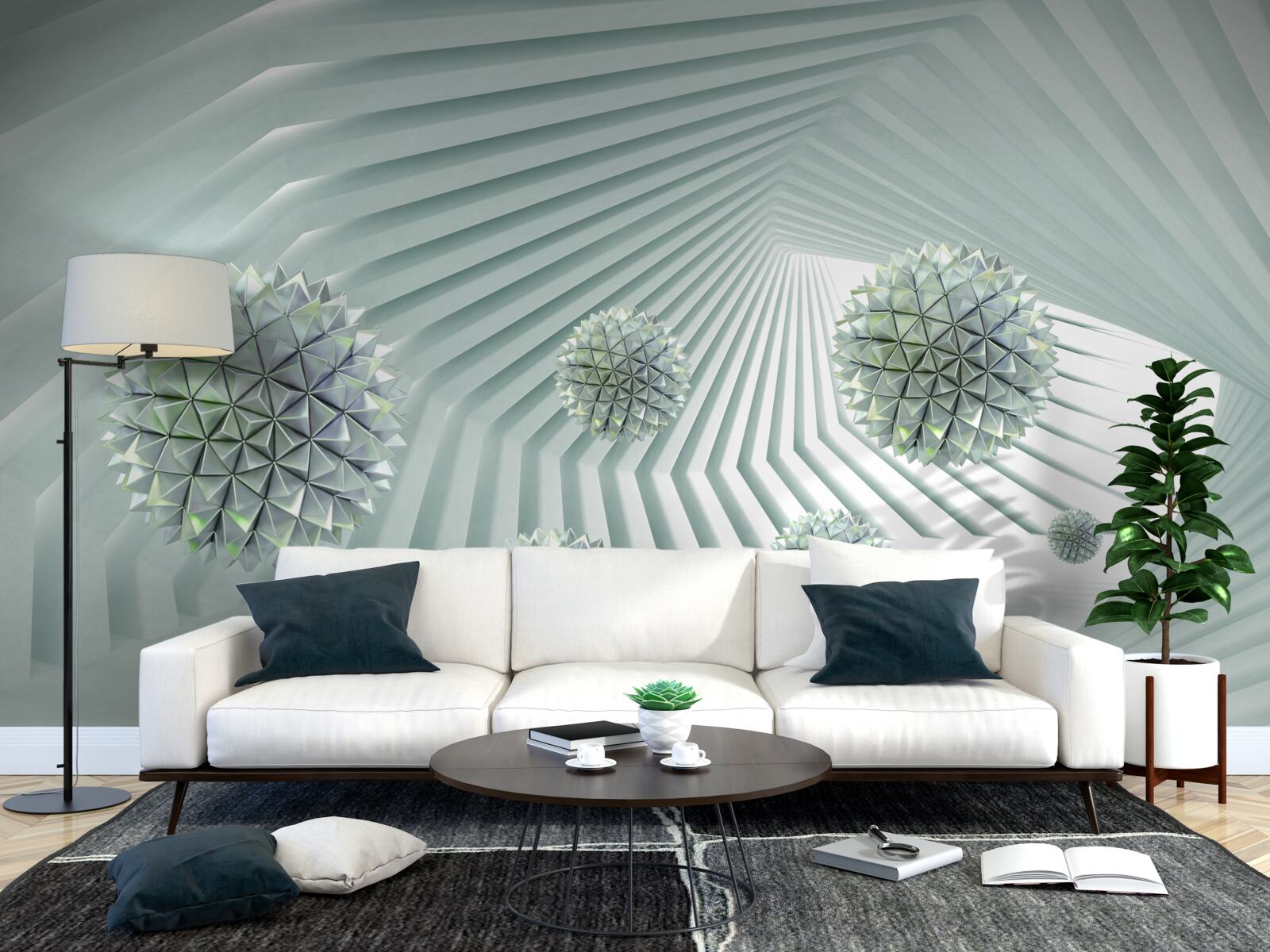 Fotobehang tunnel met geometrisch patroon en vliegende ballen