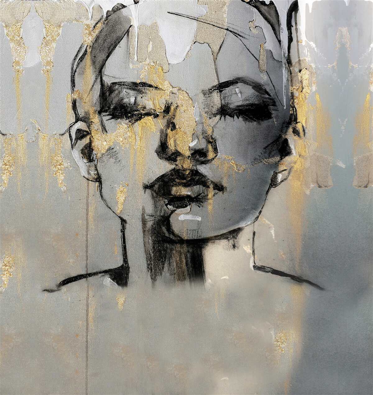 Fotobehang meisje tekent een abstractie met zwarte verf