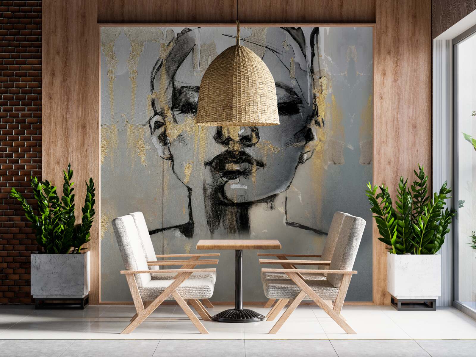 Fotobehang meisje tekent een abstractie met zwarte verf