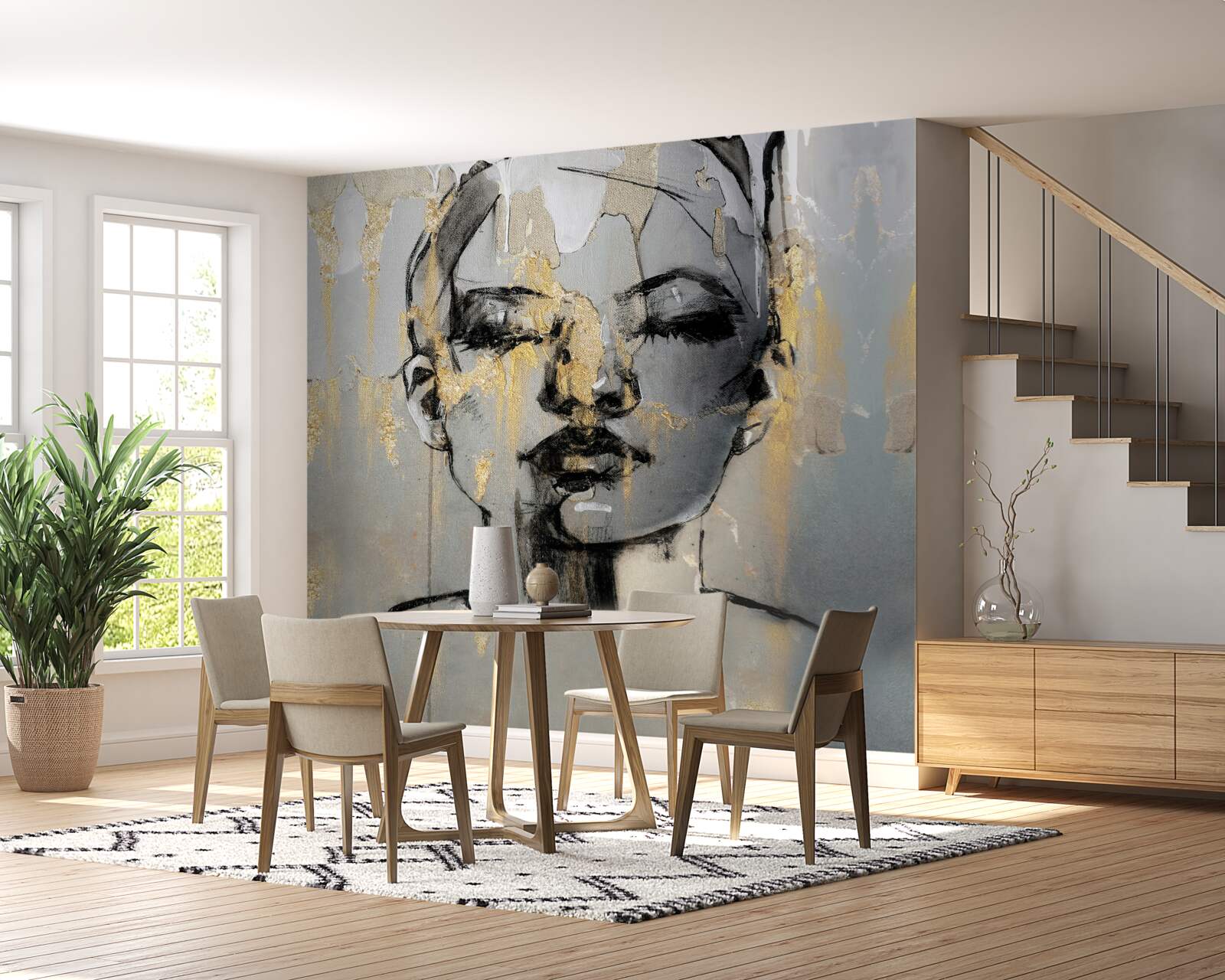 Fotobehang meisje tekent een abstractie met zwarte verf