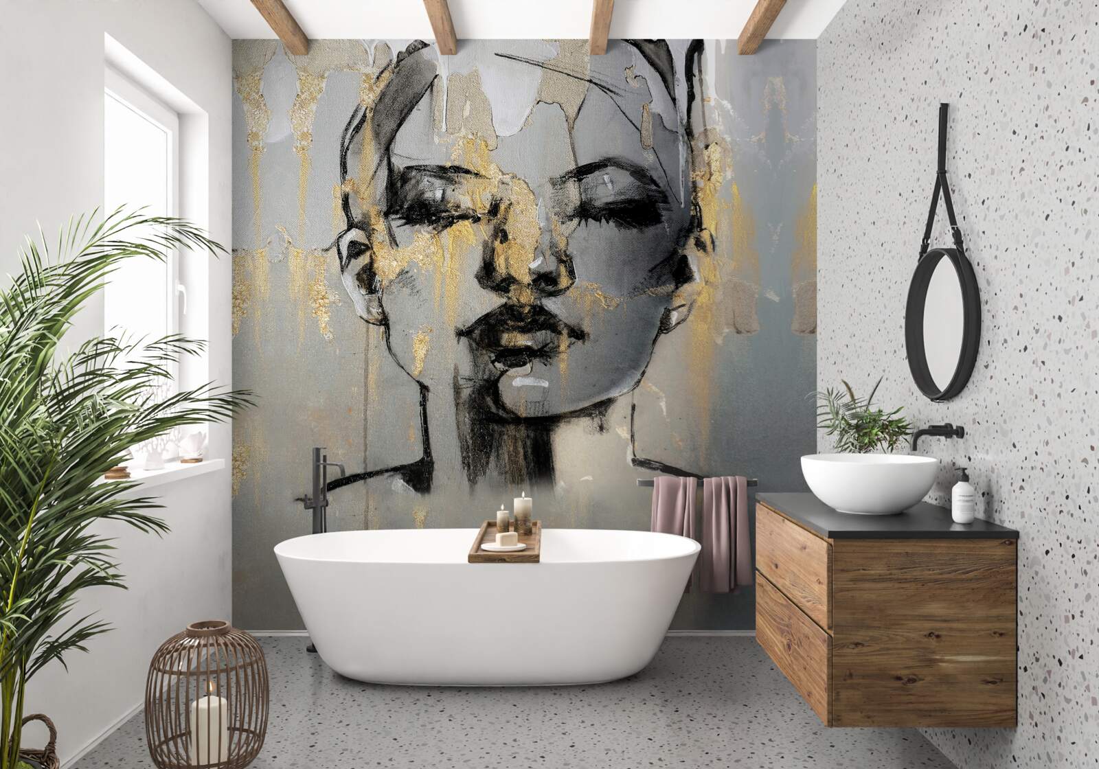 Fotobehang meisje tekent een abstractie met zwarte verf