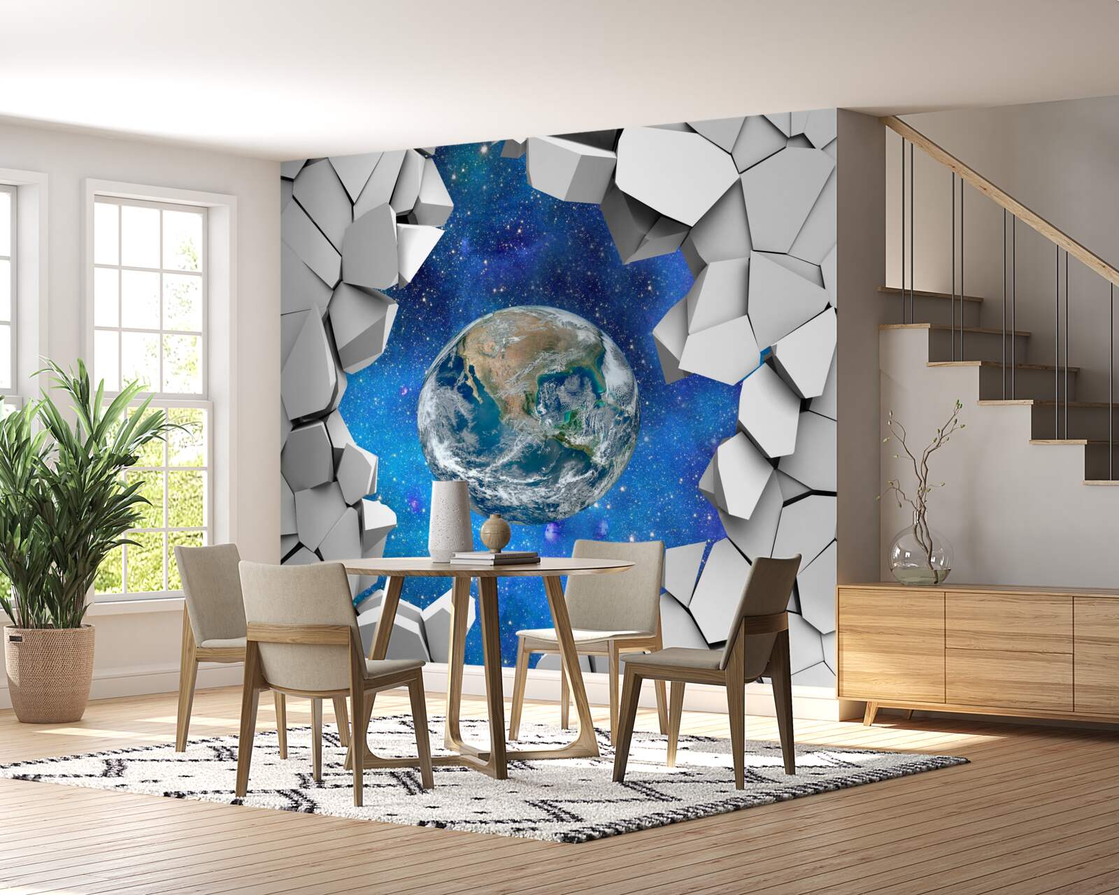 Fotobehang stenen muur en planeet aarde