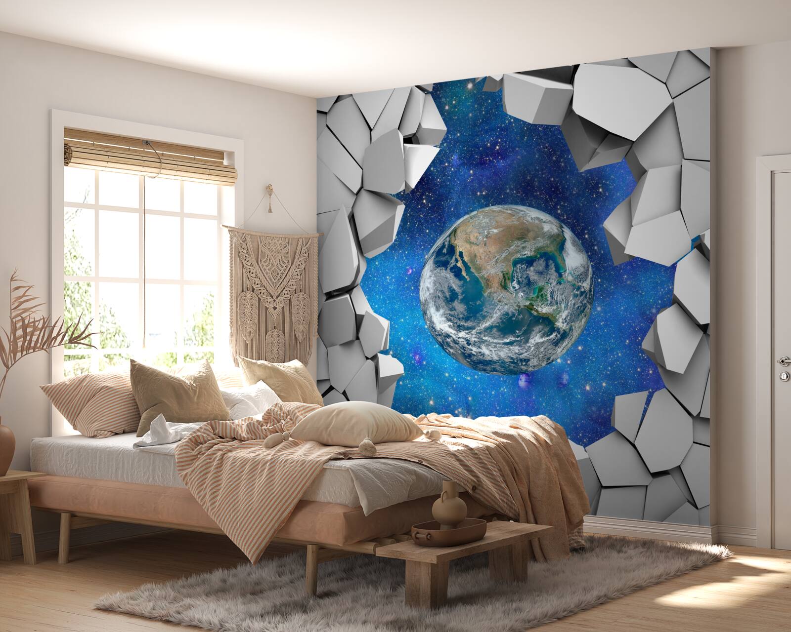 Fotobehang stenen muur en planeet aarde