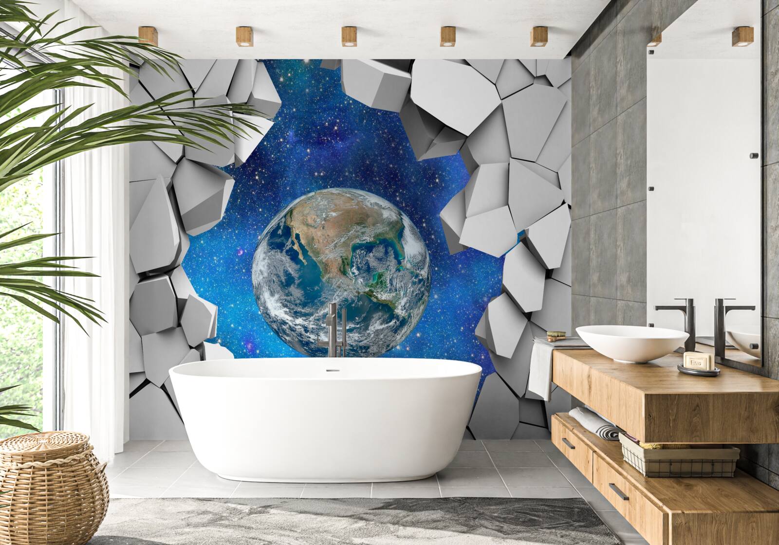 Fotobehang stenen muur en planeet aarde