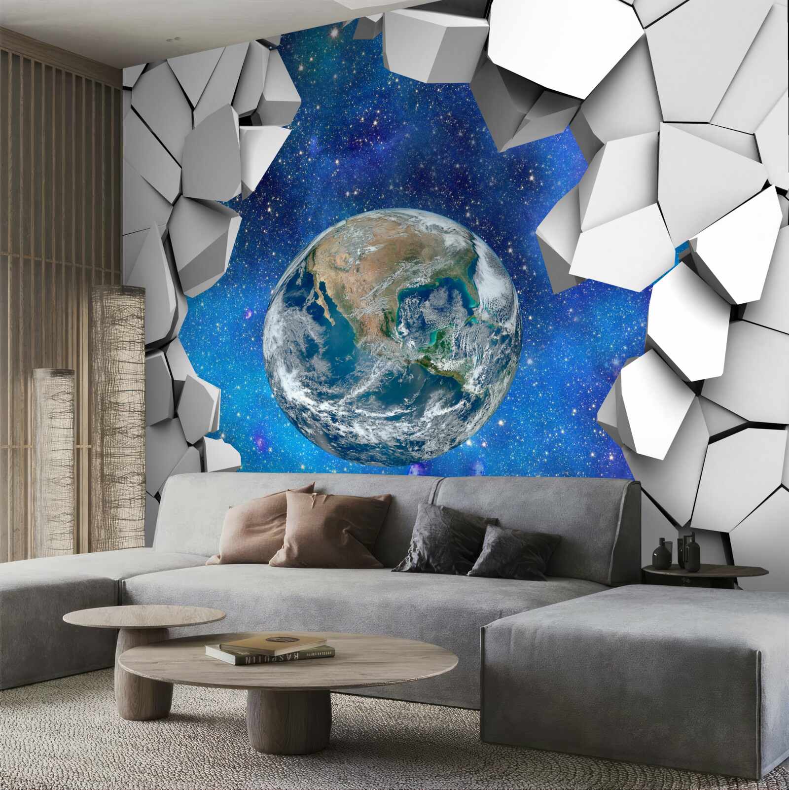 Fotobehang stenen muur en planeet aarde