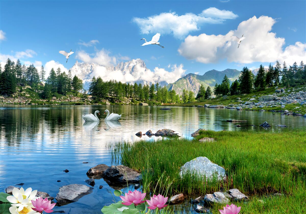 Fotobehang zomerdag kalme meren in de bergen