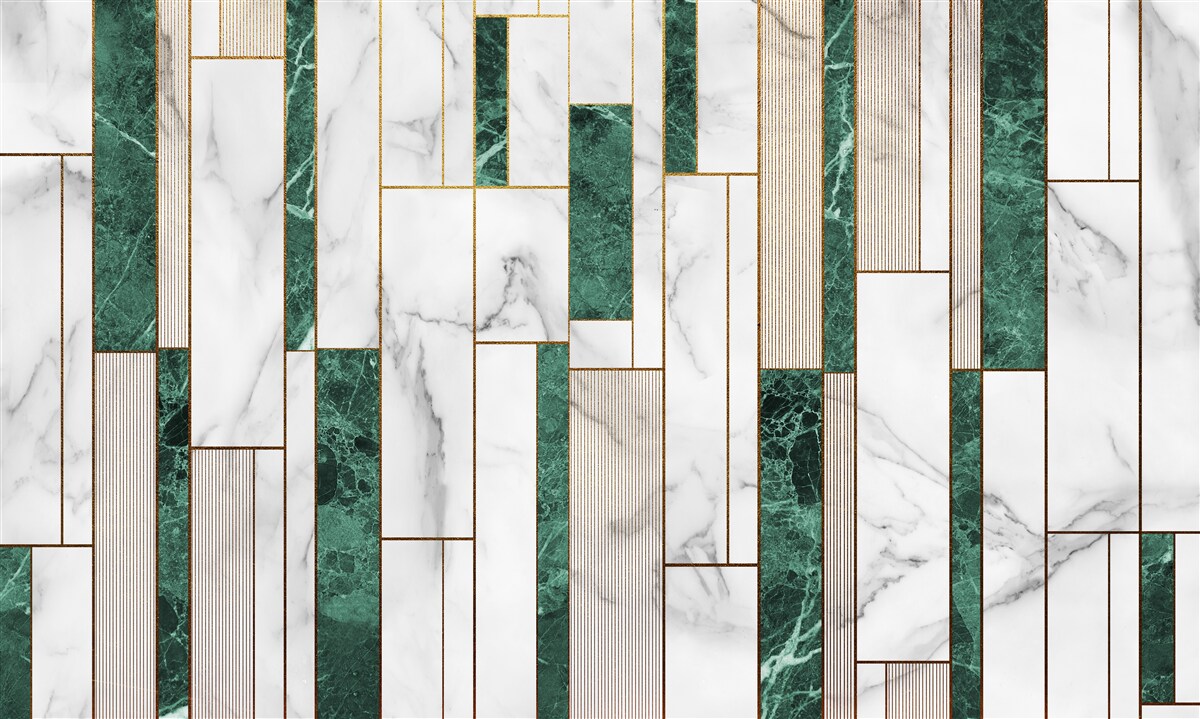 Fotobehang witte en groene tegels in verticale oriëntatie met gouden accenten