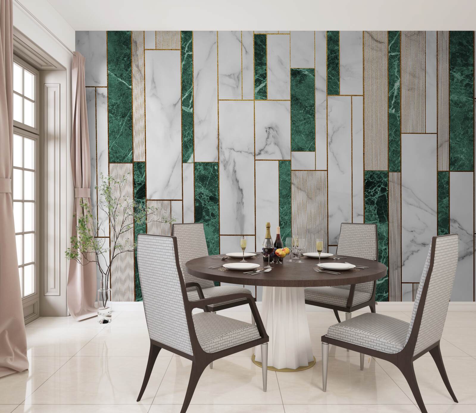 Fotobehang witte en groene tegels in verticale oriëntatie met gouden accenten