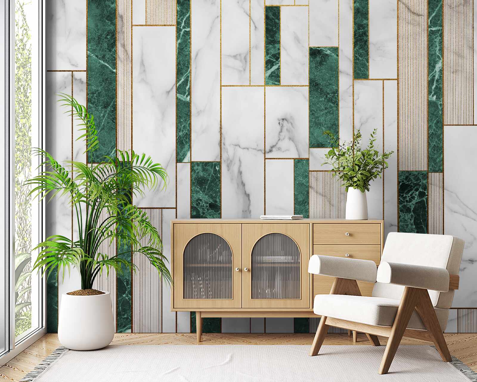 Fotobehang witte en groene tegels in verticale oriëntatie met gouden accenten