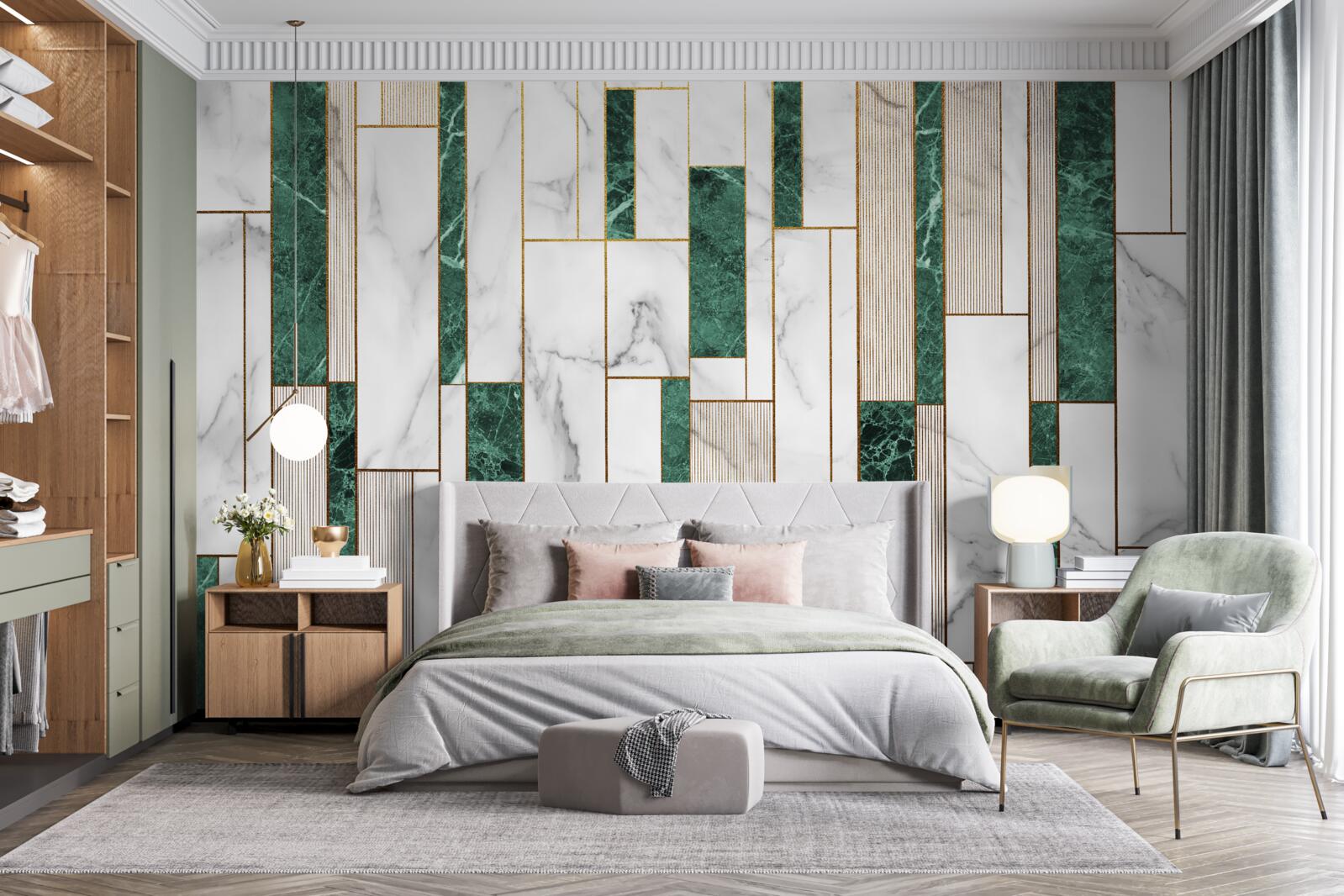 Fotobehang witte en groene tegels in verticale oriëntatie met gouden accenten