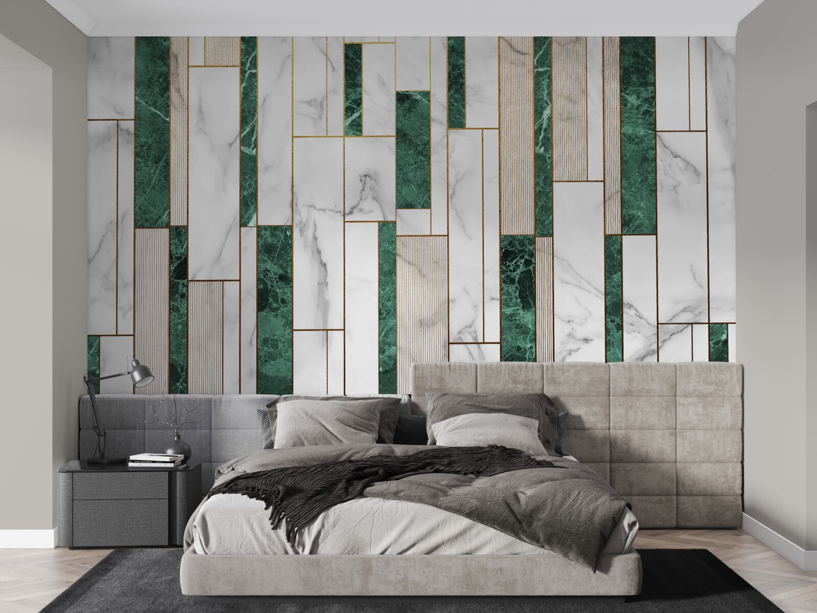 Fotobehang witte en groene tegels in verticale oriëntatie met gouden accenten