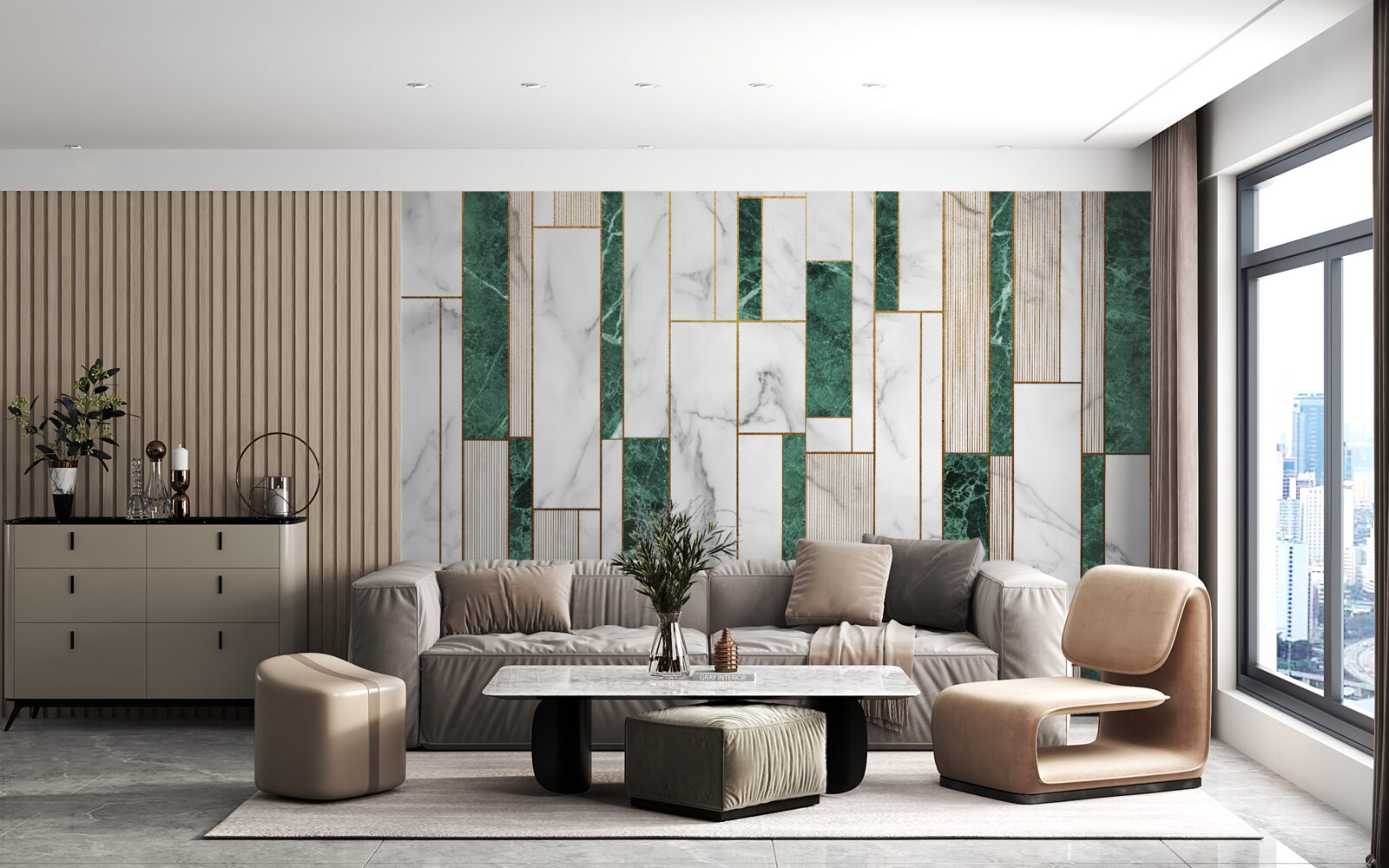 Fotobehang witte en groene tegels in verticale oriëntatie met gouden accenten