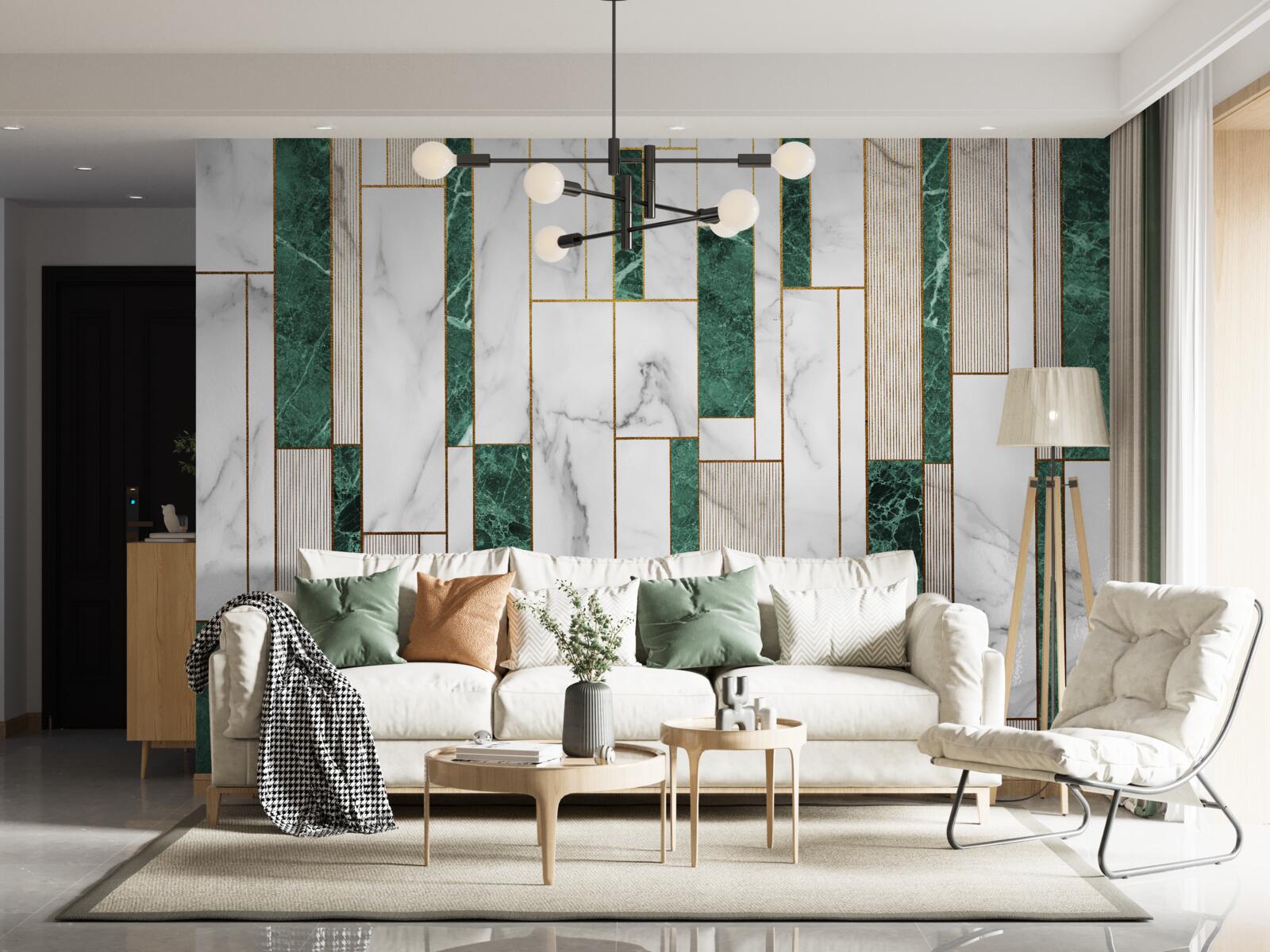 Fotobehang witte en groene tegels in verticale oriëntatie met gouden accenten