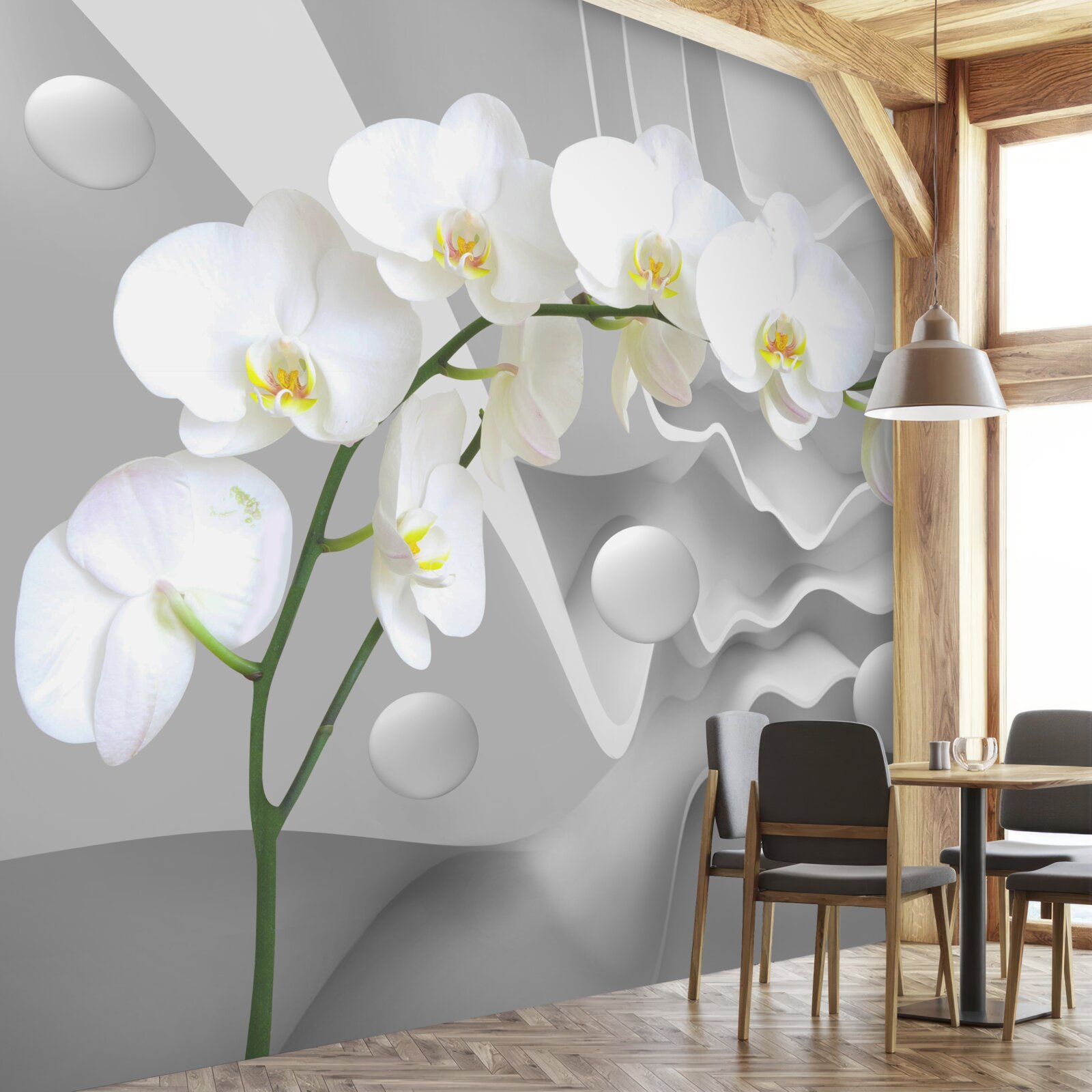 Fotobehang abstractie van een sierlijke witte orchidee