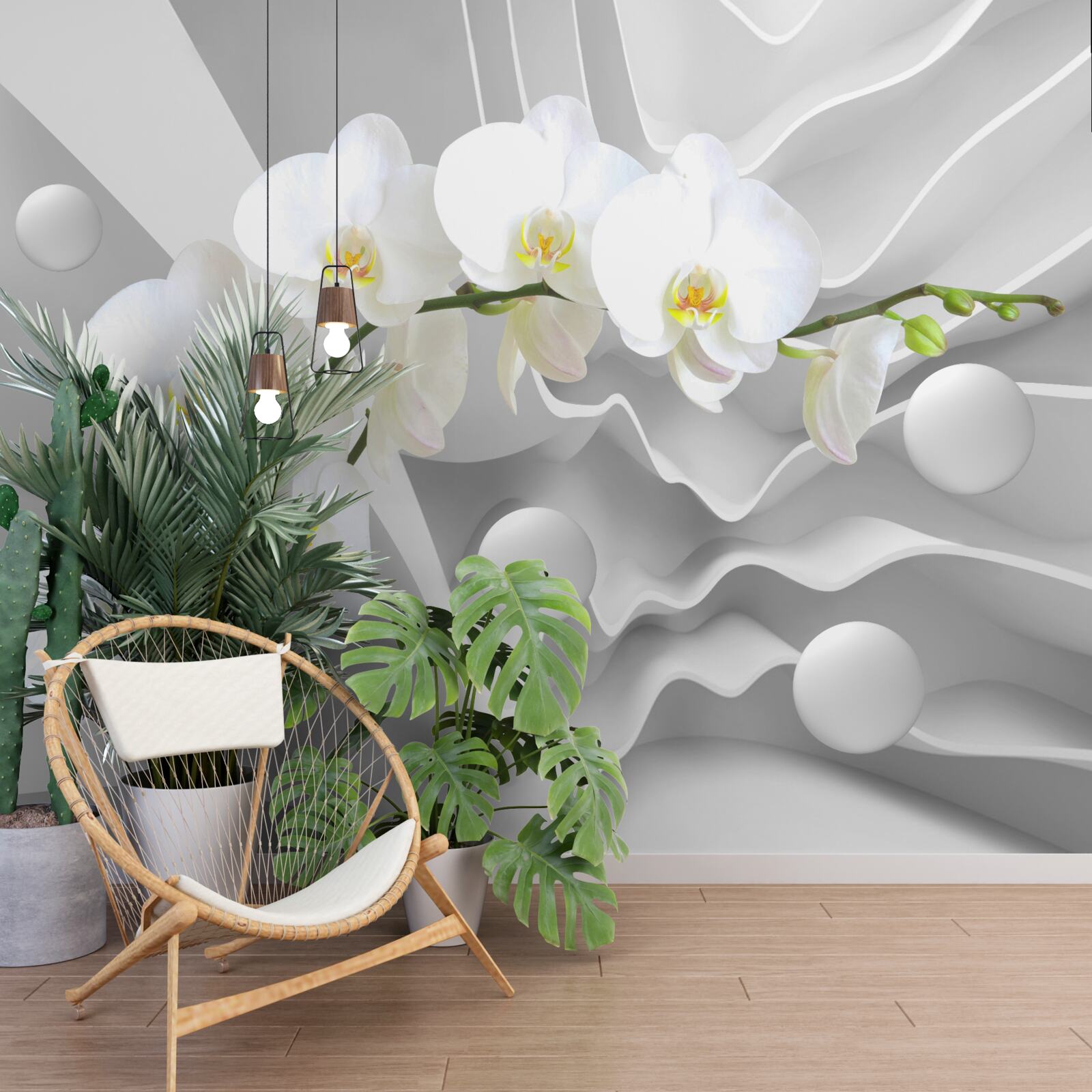 Fotobehang abstractie van een sierlijke witte orchidee