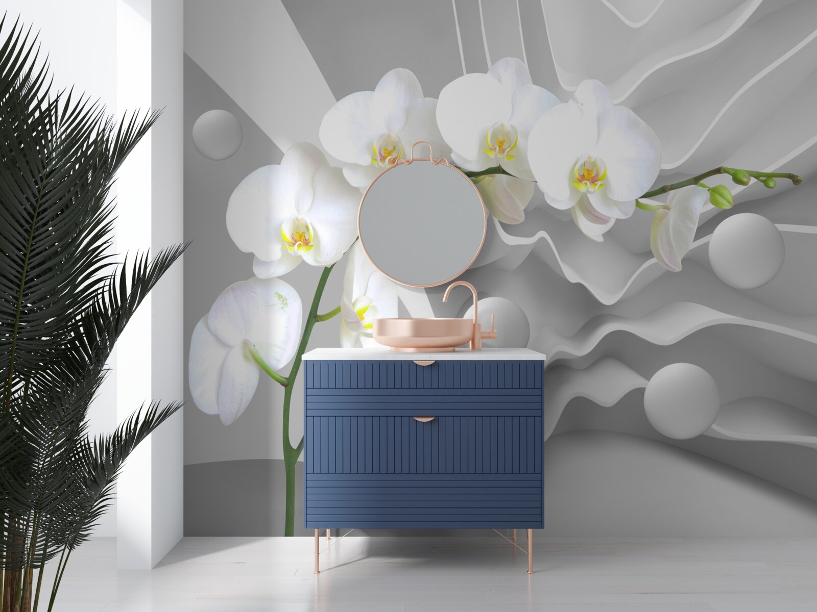 Fotobehang abstractie van een sierlijke witte orchidee