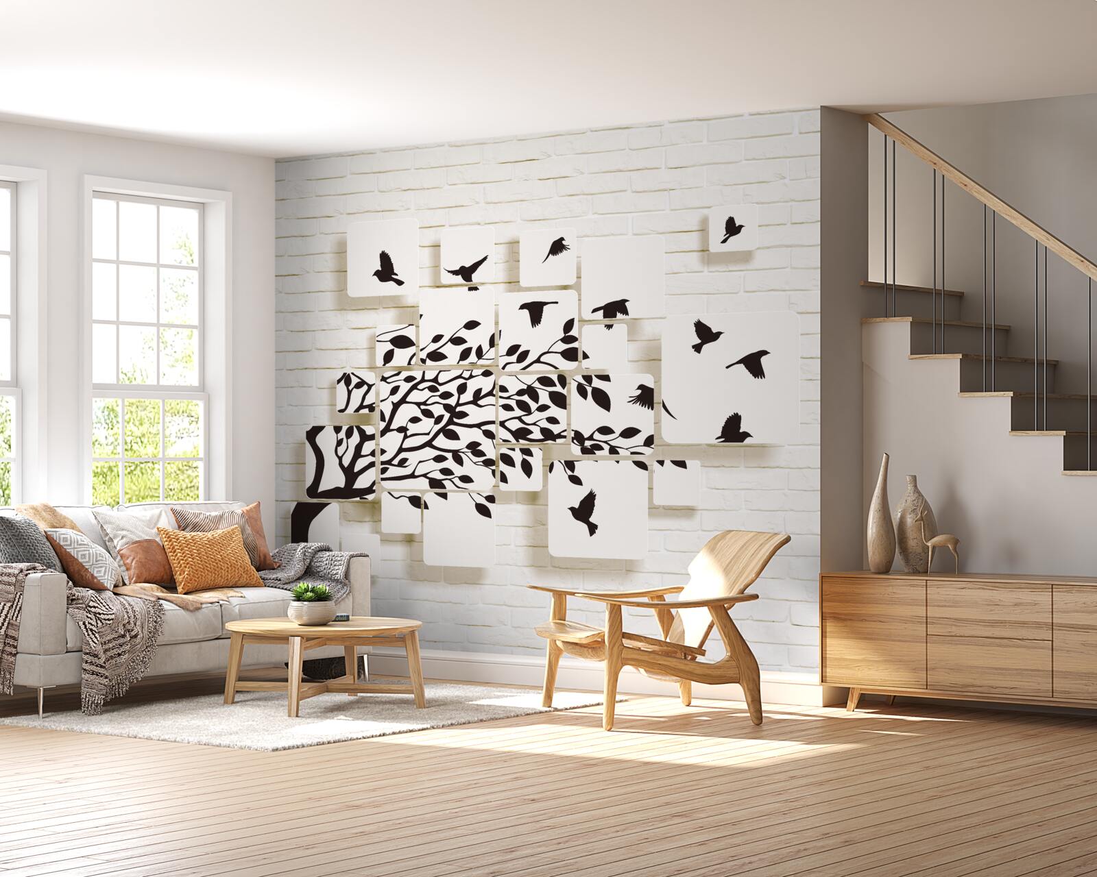 Fotobehang vogels verlaten de boom onder een windvlaag