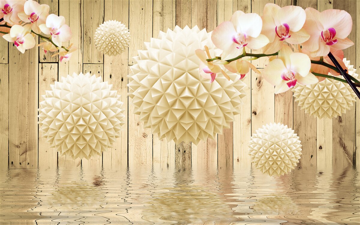 Fotobehang zwevende ronde vormen met orchideeëntakken