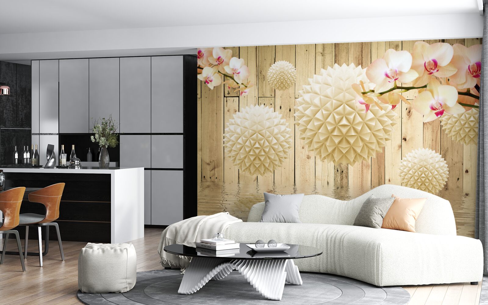 Fotobehang zwevende ronde vormen met orchideeëntakken