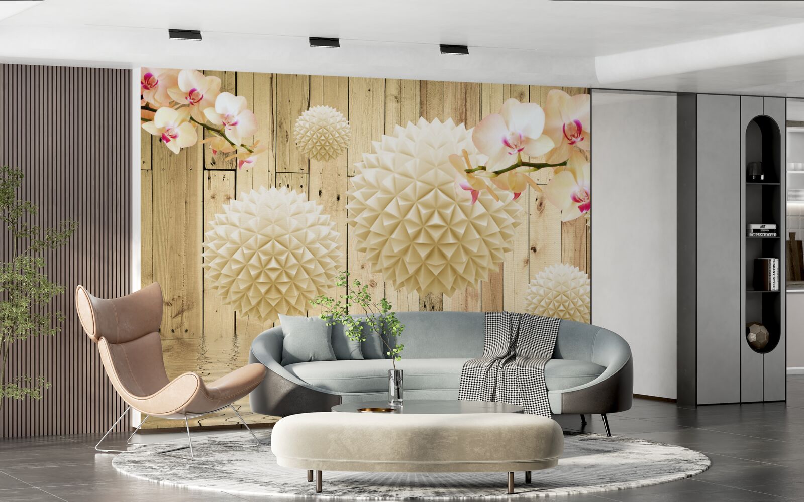 Fotobehang zwevende ronde vormen met orchideeëntakken