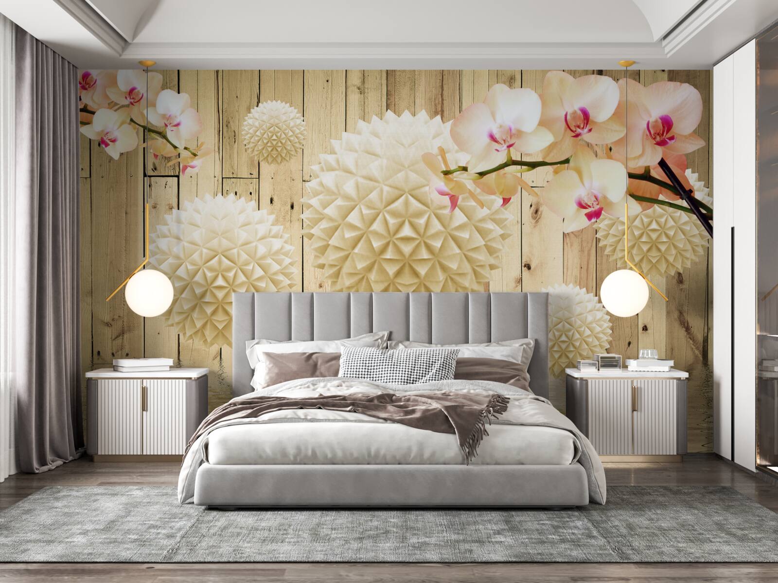 Fotobehang zwevende ronde vormen met orchideeëntakken