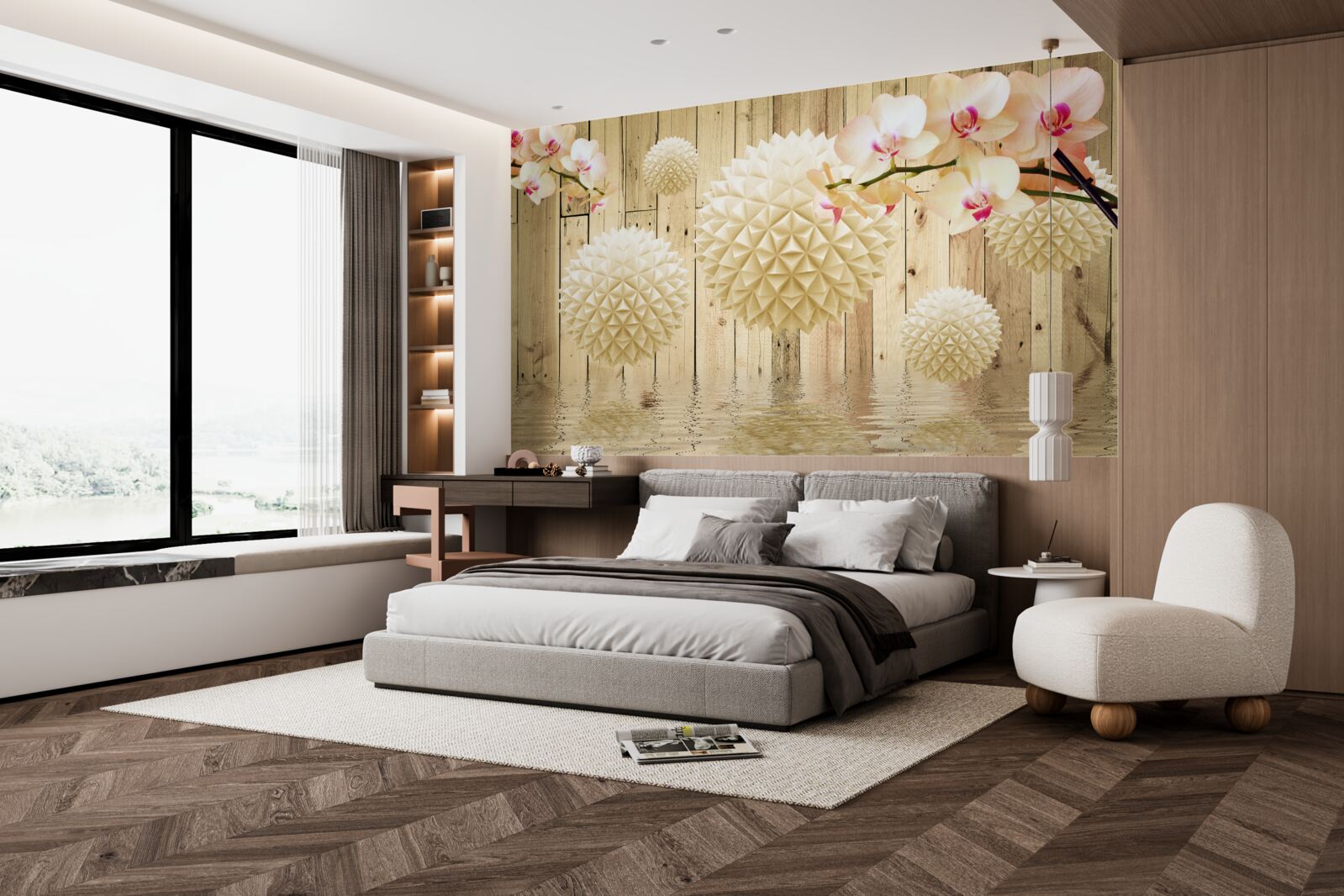 Fotobehang zwevende ronde vormen met orchideeëntakken