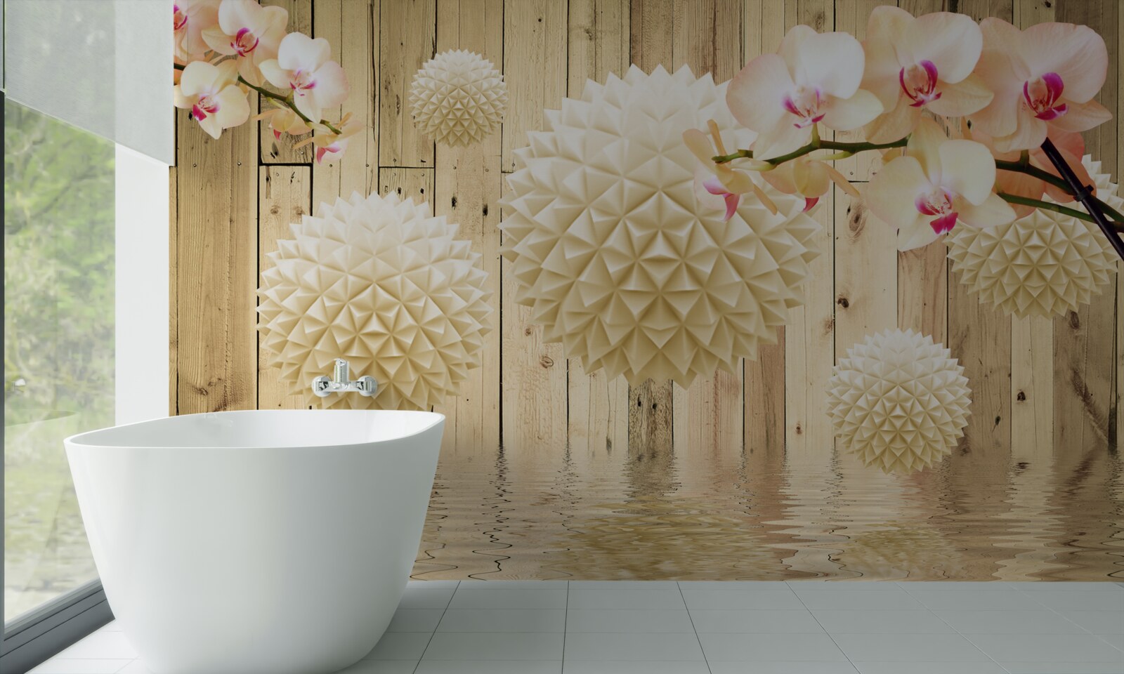 Fotobehang zwevende ronde vormen met orchideeëntakken