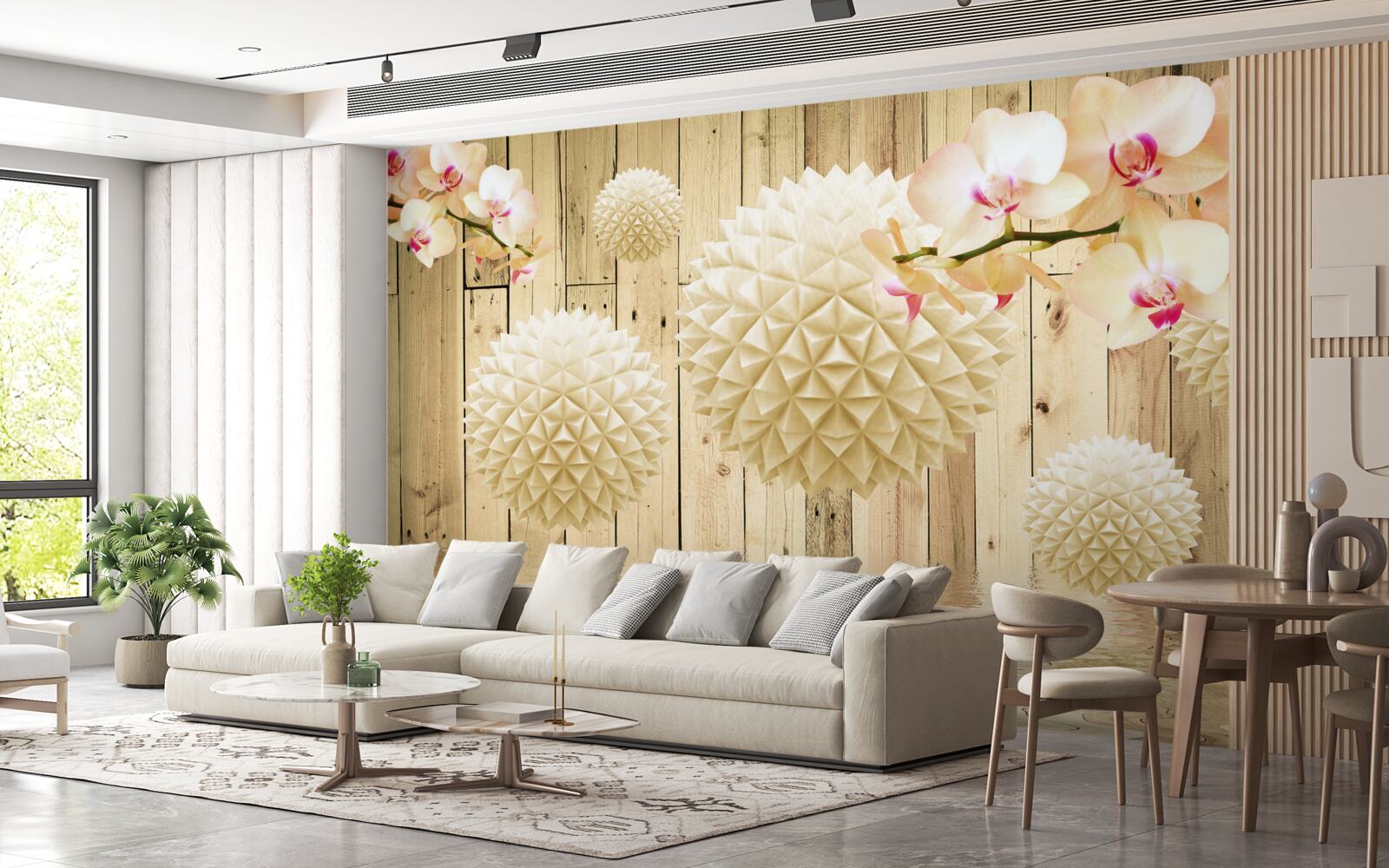 Fotobehang zwevende ronde vormen met orchideeëntakken