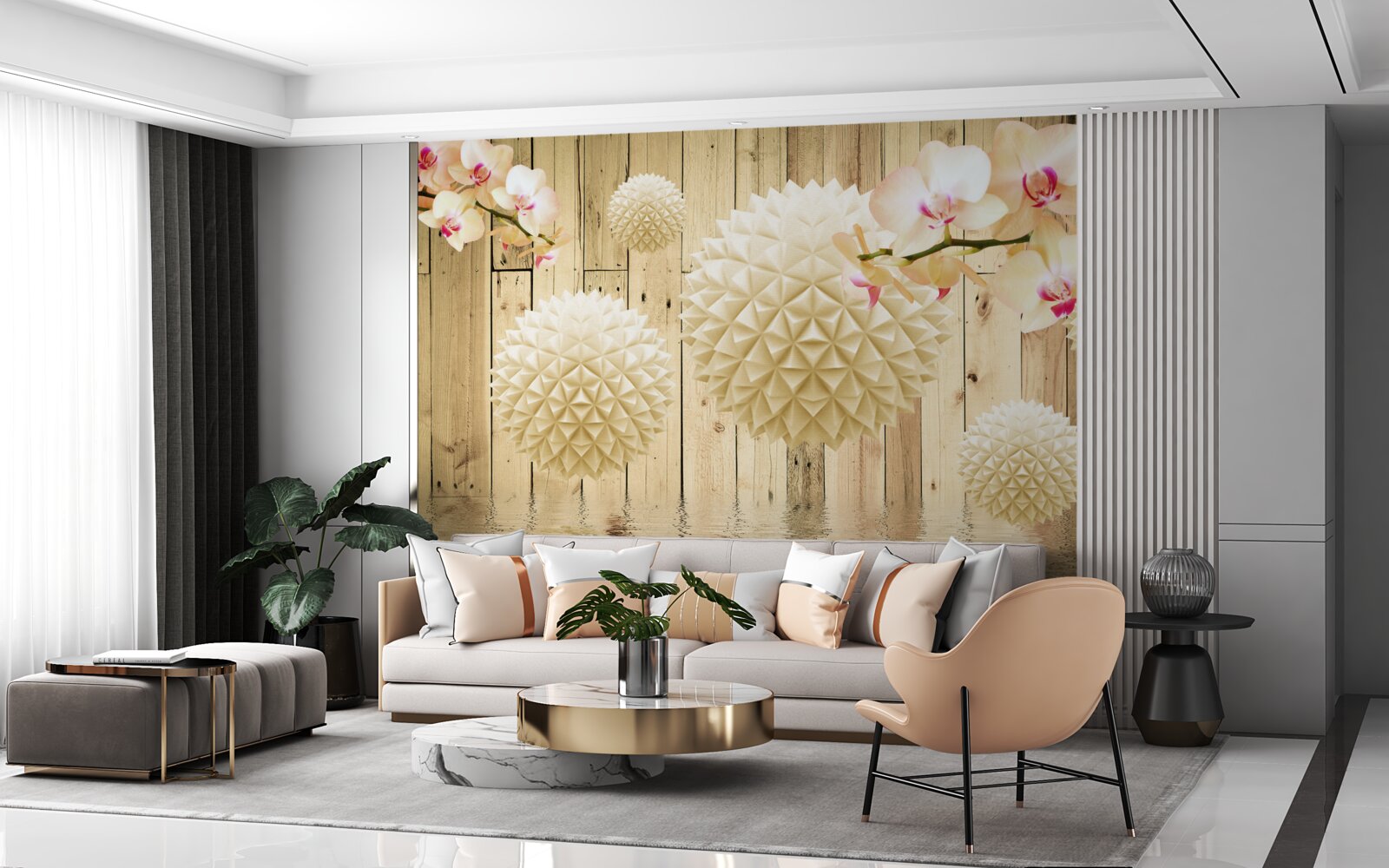 Fotobehang zwevende ronde vormen met orchideeëntakken