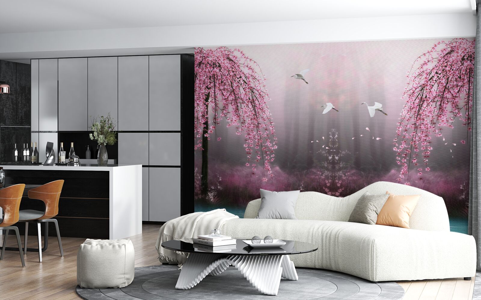 Fotobehang s Avonds, bij het blauwige water, maken de sakura takken in dichte rijen het landschap schilderachtig