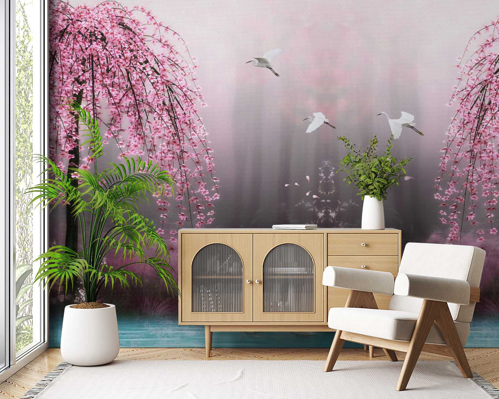 Fotobehang s Avonds, bij het blauwige water, maken de sakura takken in dichte rijen het landschap schilderachtig