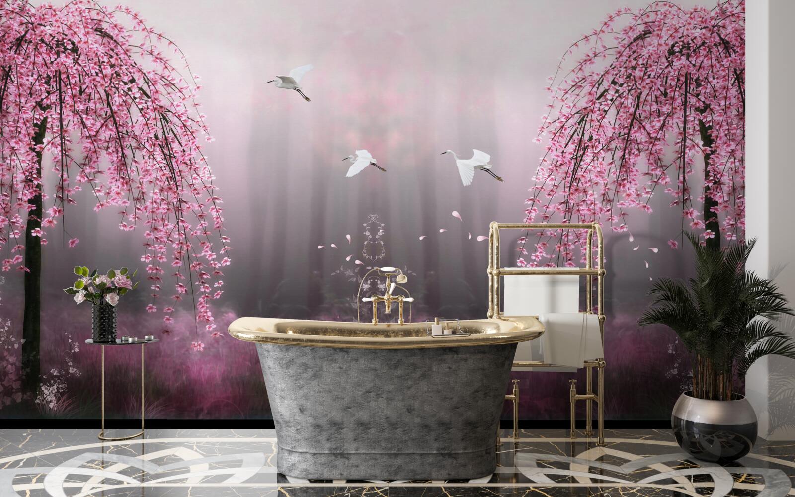 Fotobehang s Avonds, bij het blauwige water, maken de sakura takken in dichte rijen het landschap schilderachtig