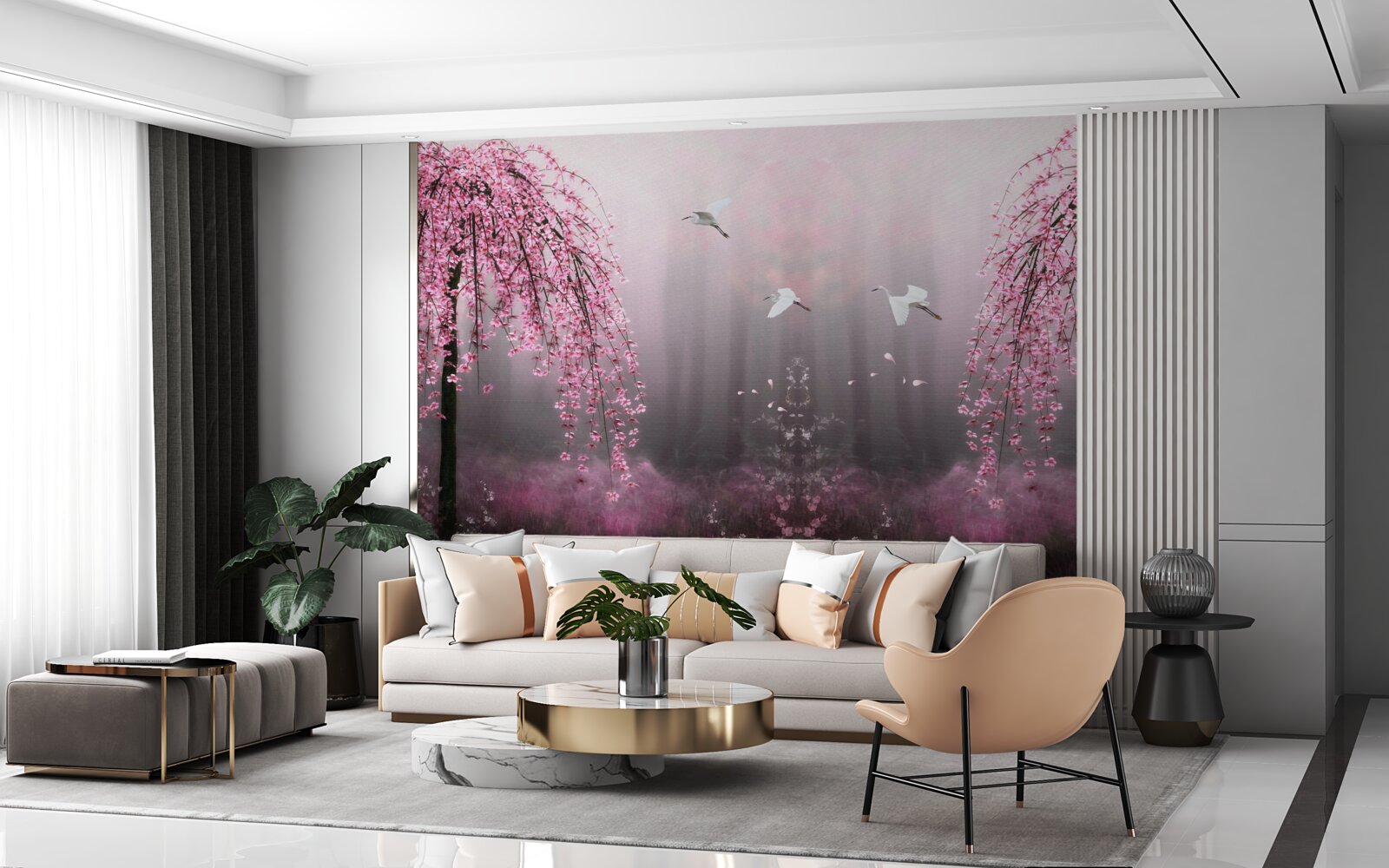 Fotobehang s Avonds, bij het blauwige water, maken de sakura takken in dichte rijen het landschap schilderachtig