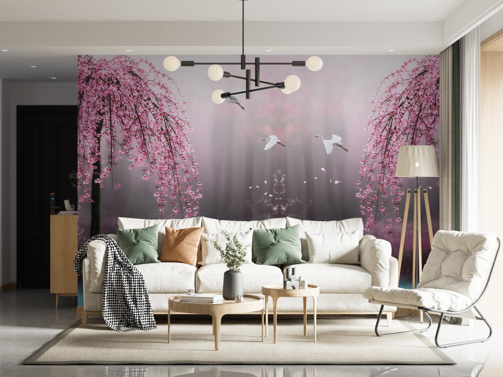 Fotobehang s Avonds, bij het blauwige water, maken de sakura takken in dichte rijen het landschap schilderachtig