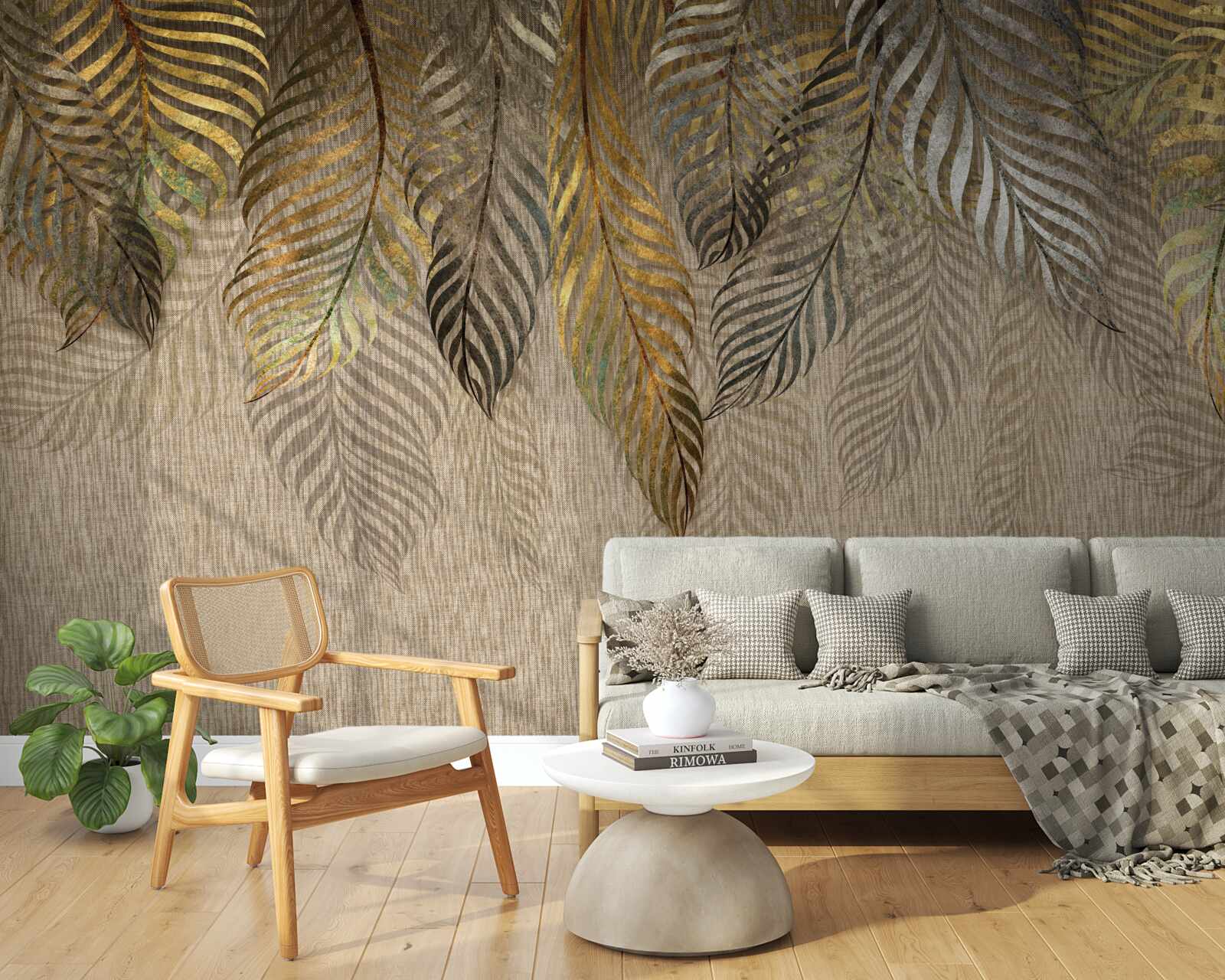 Fotobehang gouden varenbladeren op een bruine achtergrond