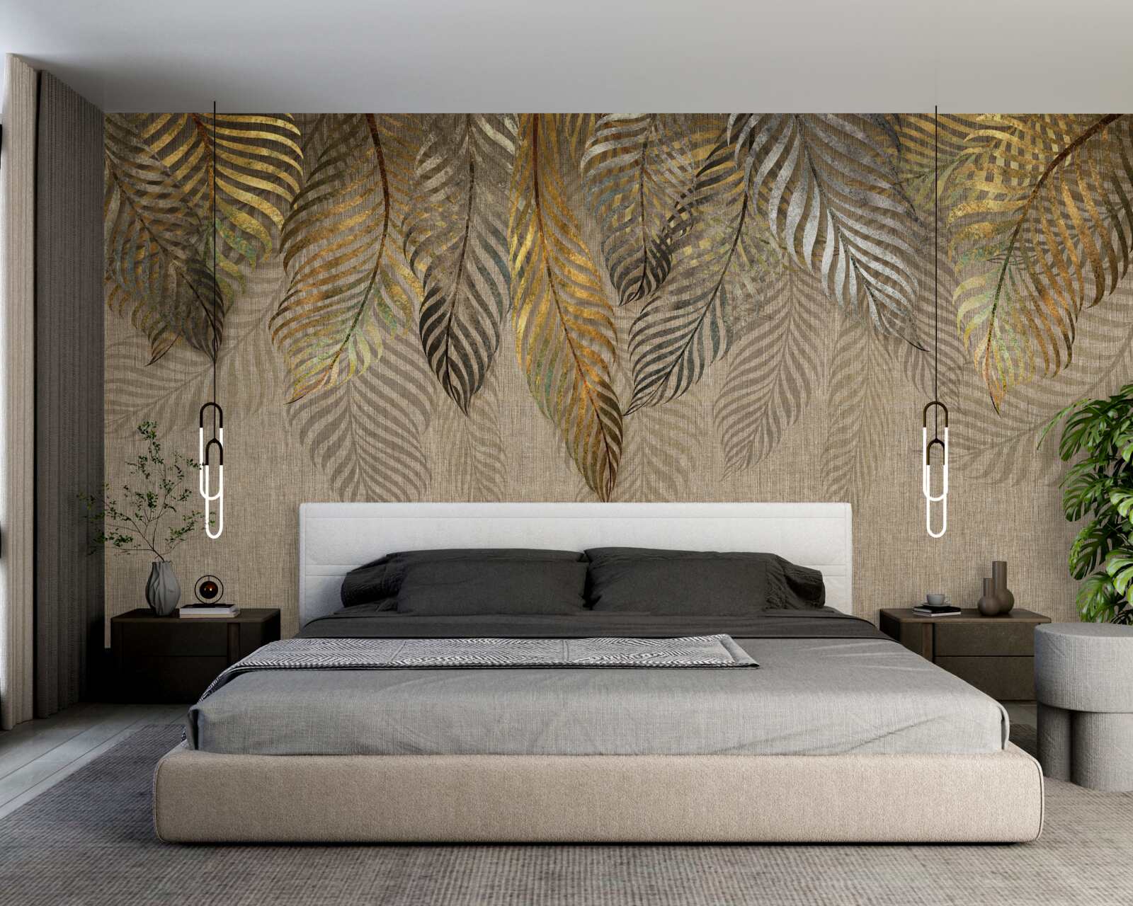 Fotobehang gouden varenbladeren op een bruine achtergrond