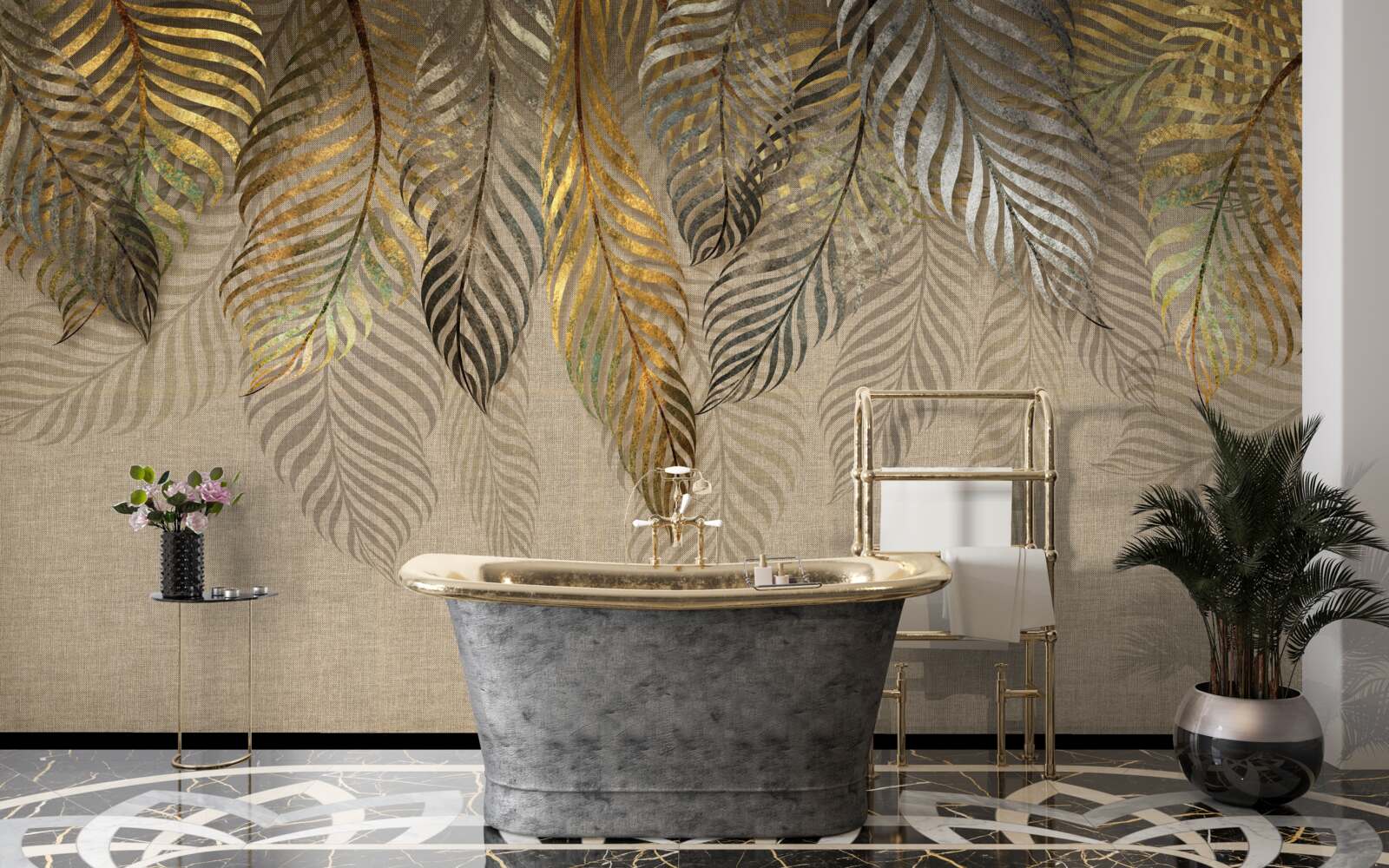 Fotobehang gouden varenbladeren op een bruine achtergrond