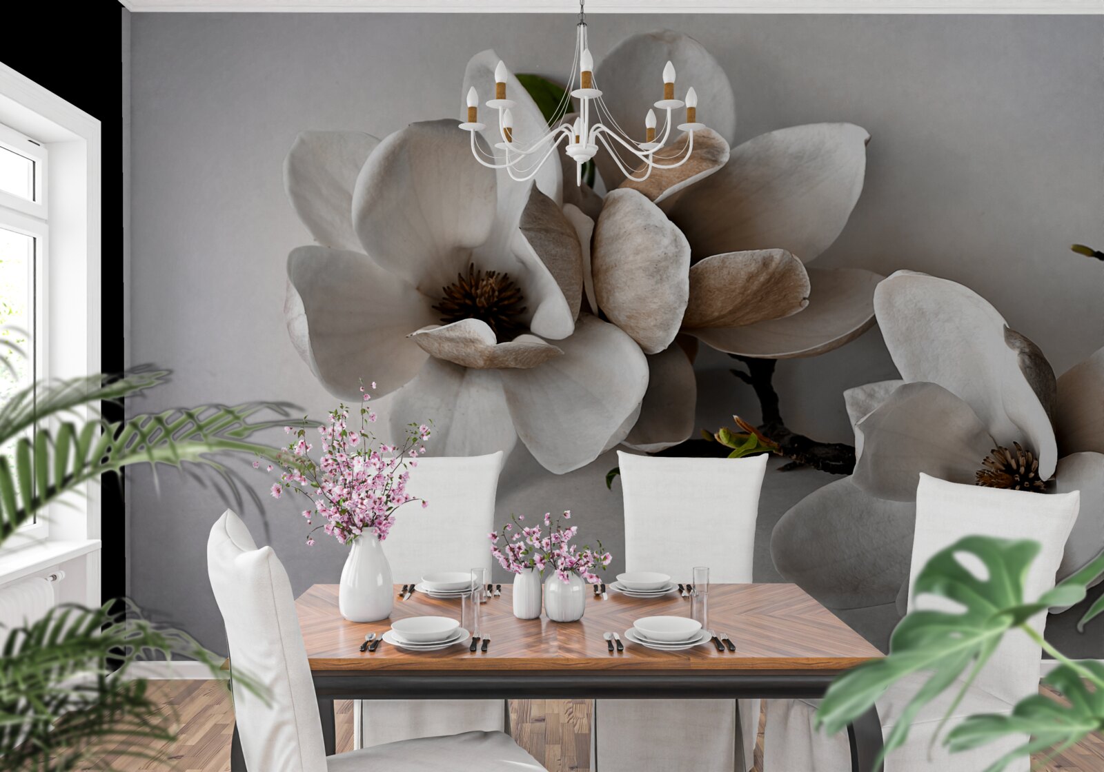 Fotobehang takken met witte bloemen op een grijze achtergrond