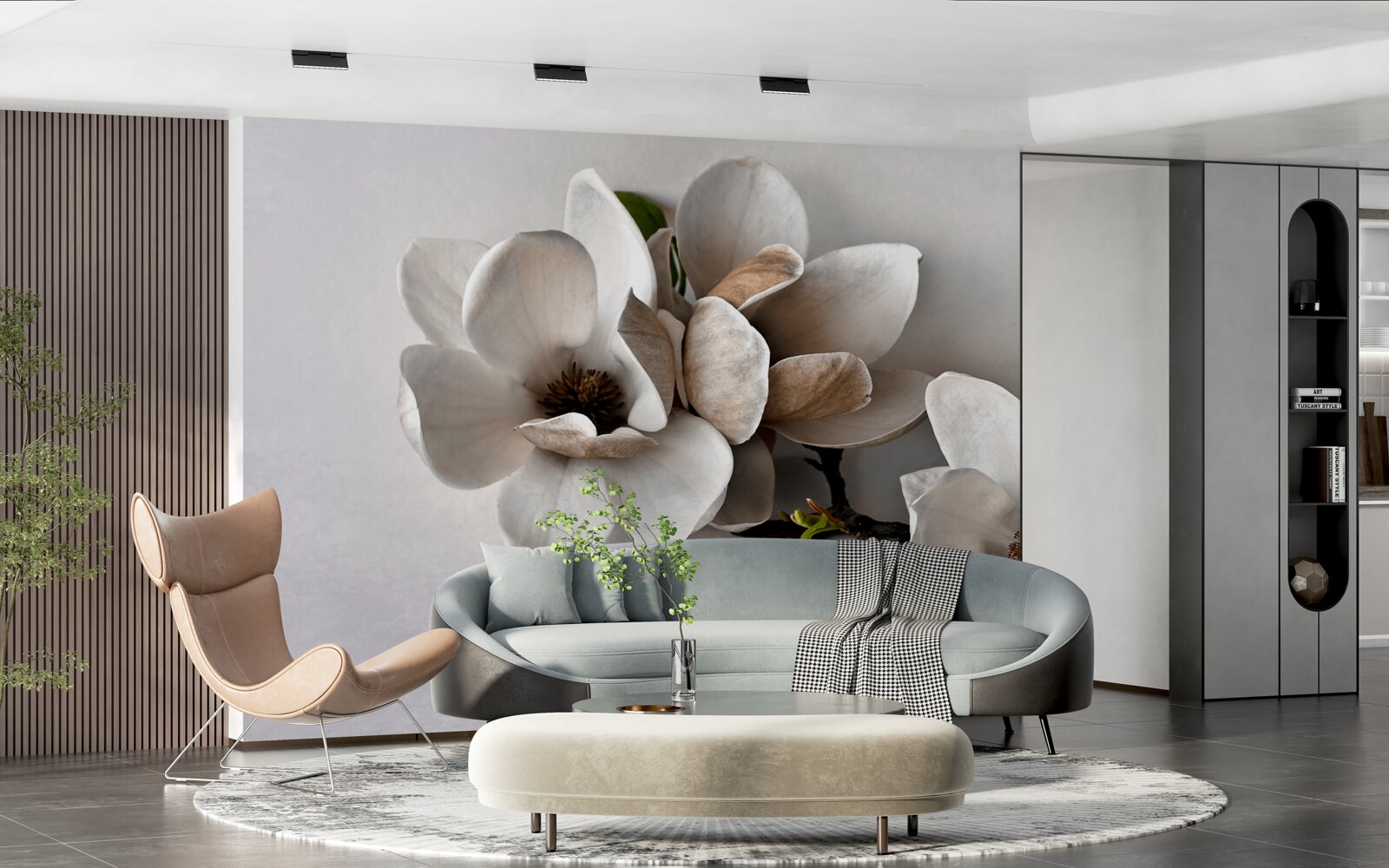 Fotobehang takken met witte bloemen op een grijze achtergrond