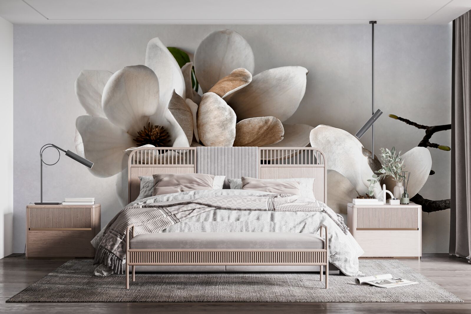 Fotobehang takken met witte bloemen op een grijze achtergrond