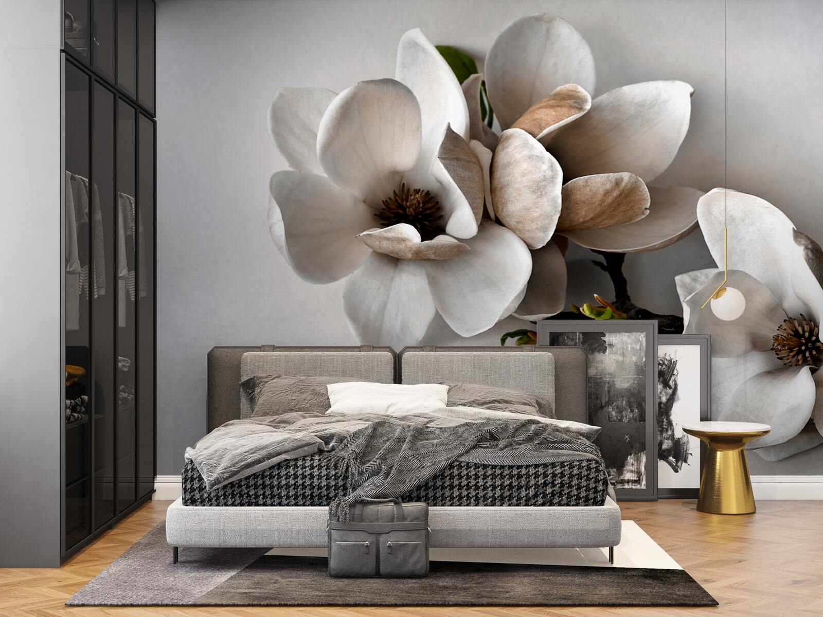 Fotobehang takken met witte bloemen op een grijze achtergrond