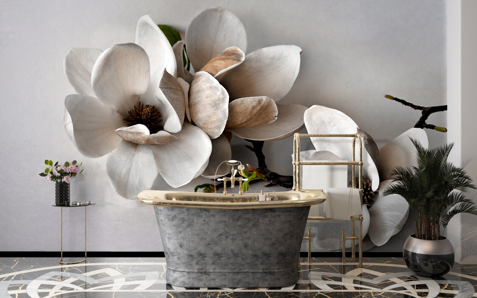 Fotobehang takken met witte bloemen op een grijze achtergrond