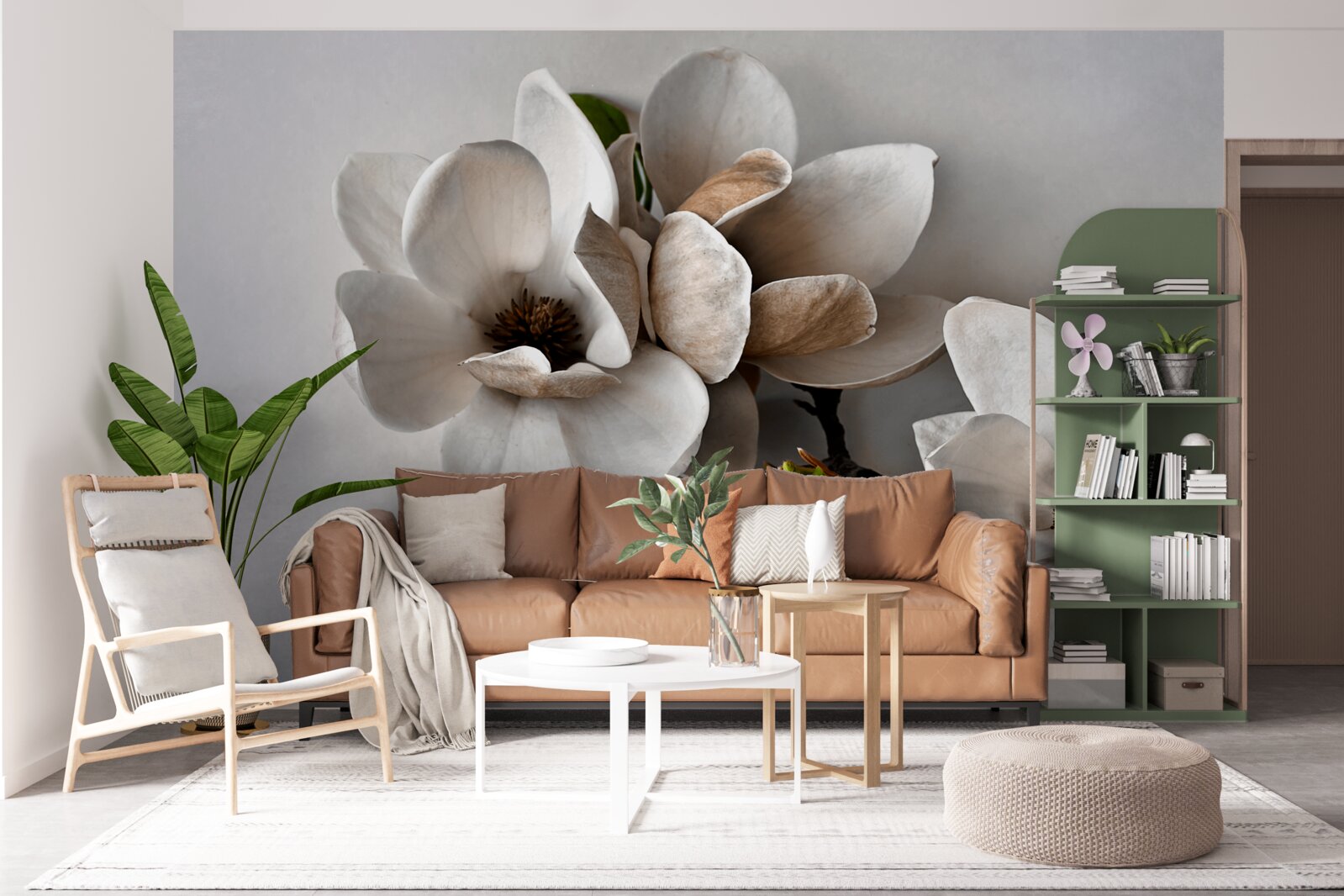 Fotobehang takken met witte bloemen op een grijze achtergrond