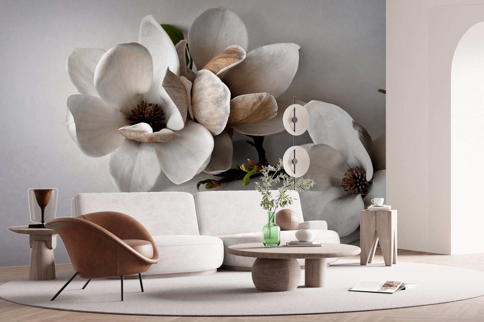 Fotobehang takken met witte bloemen op een grijze achtergrond