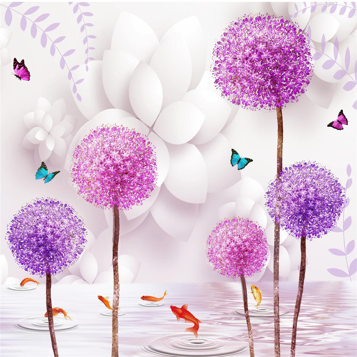 Fotobehang paarse lichte miljoenpoten zijn bij het water met vlinders