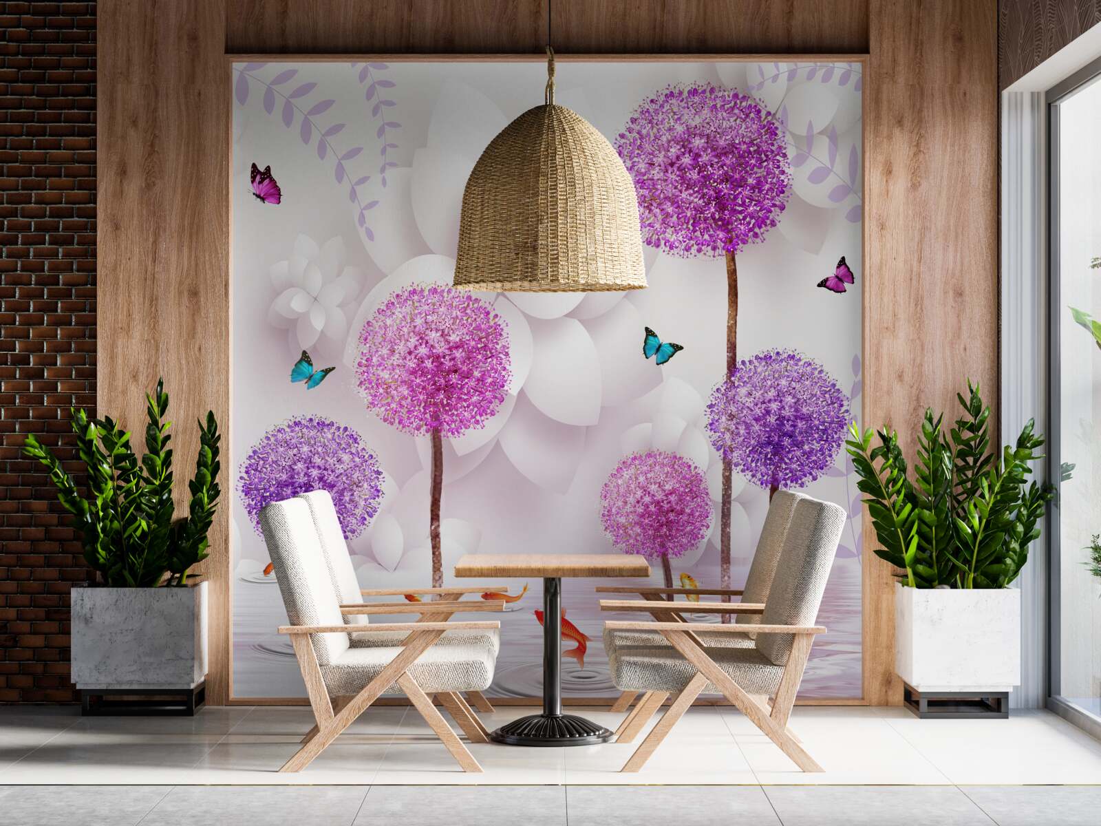 Fotobehang paarse lichte miljoenpoten zijn bij het water met vlinders