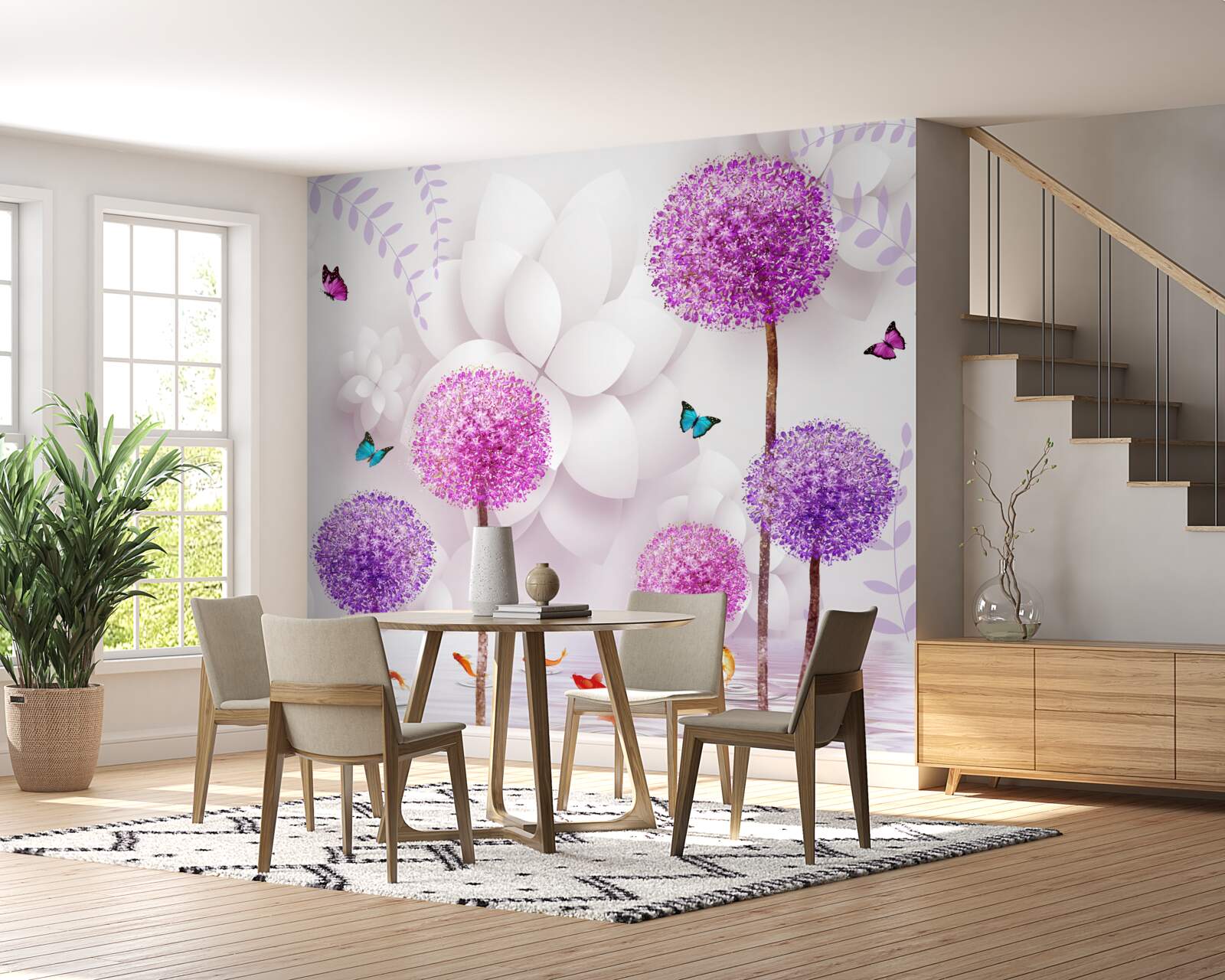 Fotobehang paarse lichte miljoenpoten zijn bij het water met vlinders