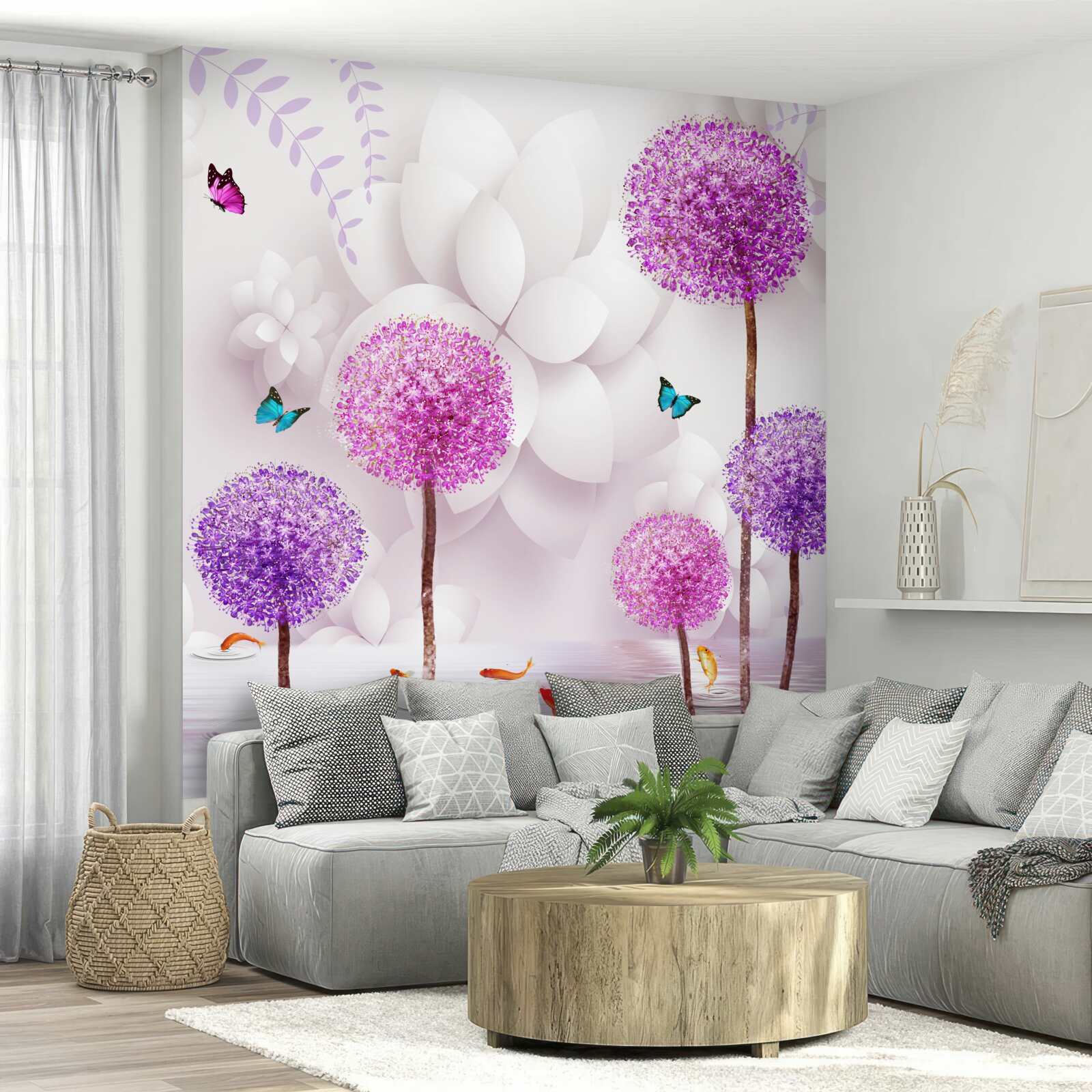 Fotobehang paarse lichte miljoenpoten zijn bij het water met vlinders