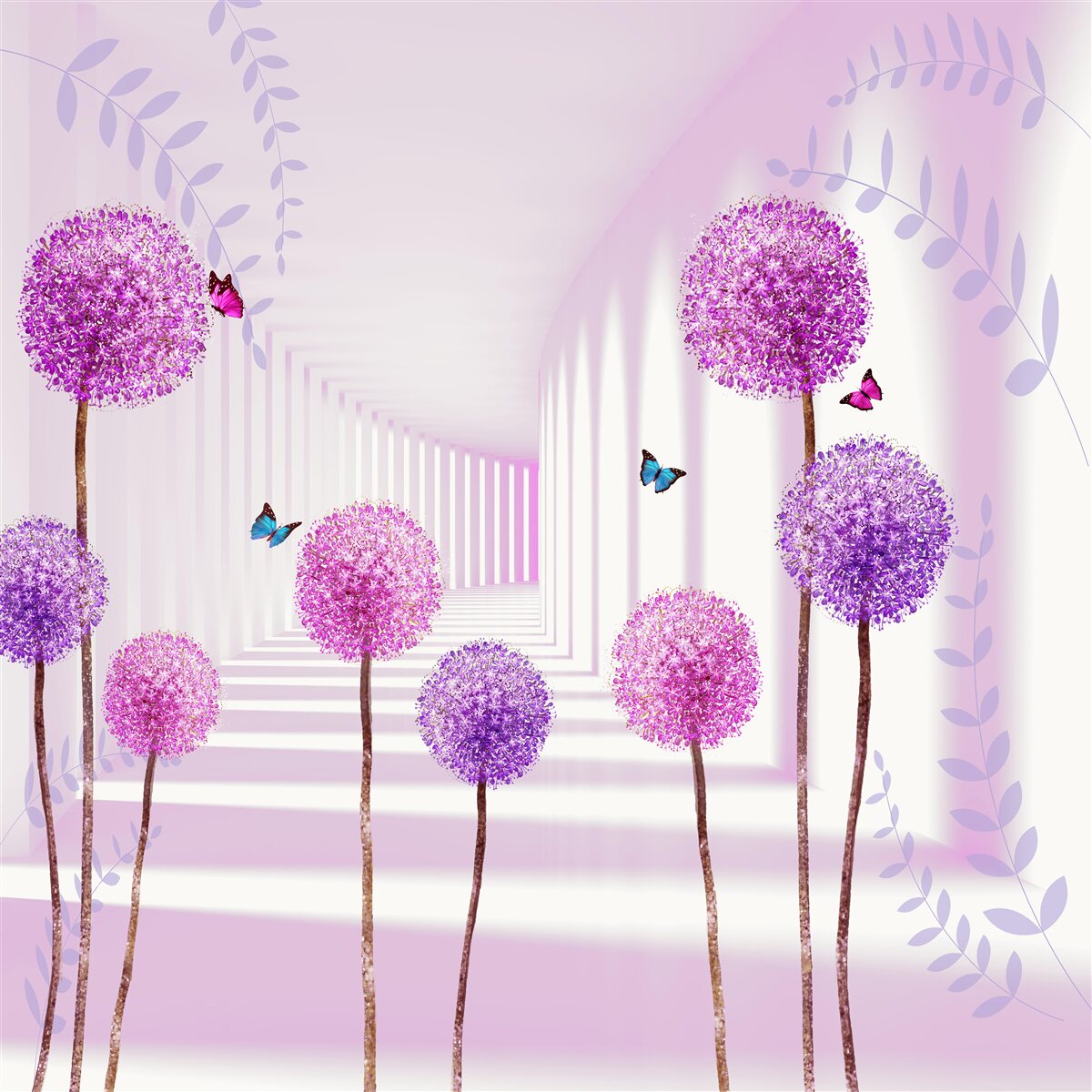 Fotobehang paarse duizendpoten in de terugtrekkende tunnel