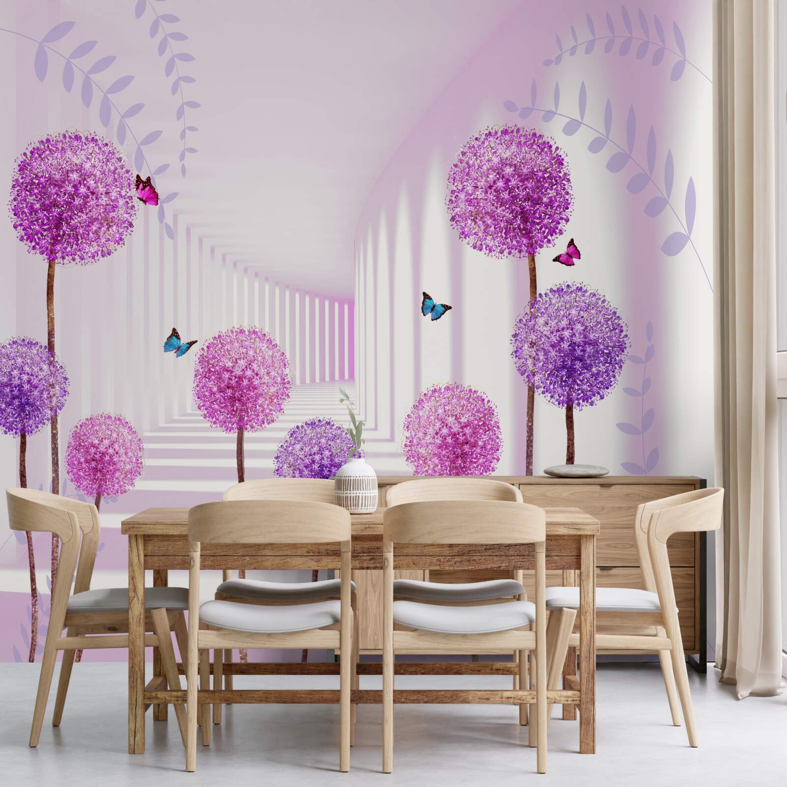 Fotobehang paarse duizendpoten in de terugtrekkende tunnel